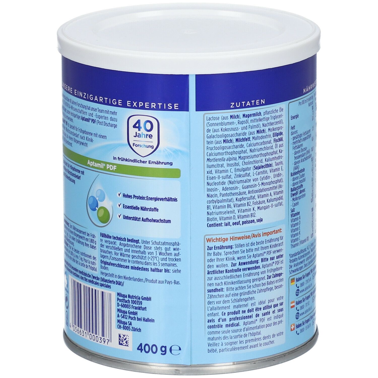 Boîte Aptamil PDF, dos. Contient ingrédients, conseils et logo Aptamil. Boîte de 400g.