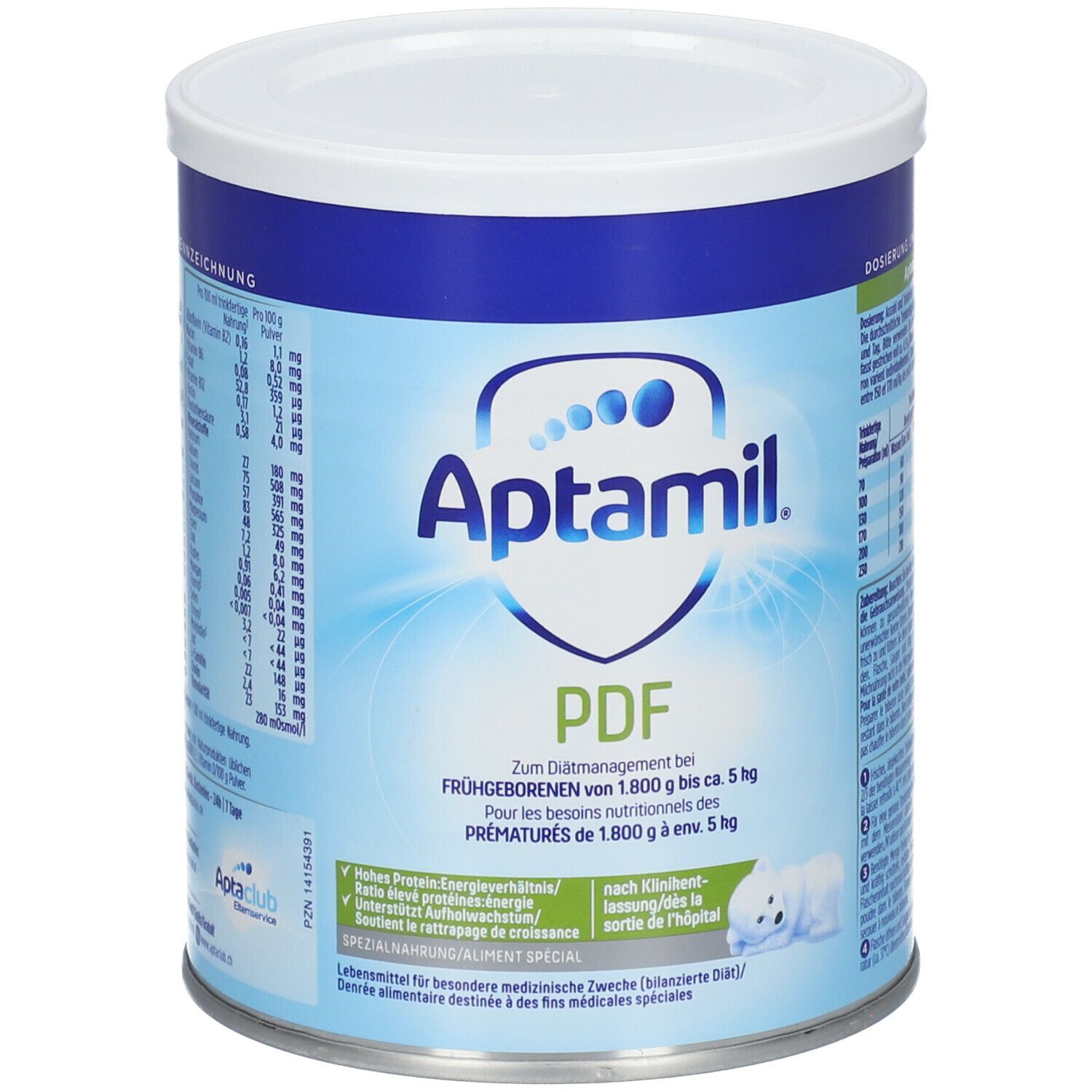 Boîte Aptamil PDF. Design bleu et blanc. Inscription : Pour prématurés. Contient des informations nutritionnelles et le logo Aptamil.