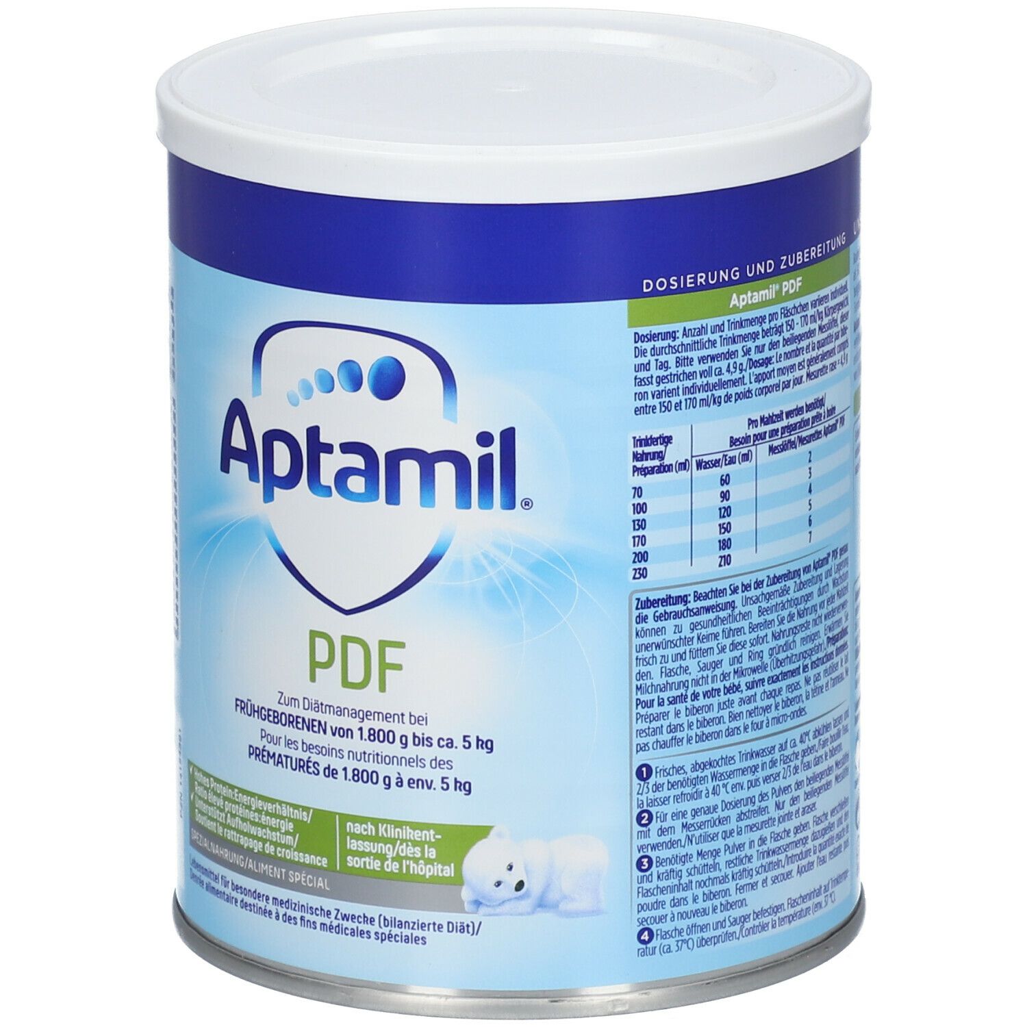Boîte Aptamil PDF. Design bleu et blanc. Inscription : Pour prématurés. Contient des informations nutritionnelles et le logo Aptamil.