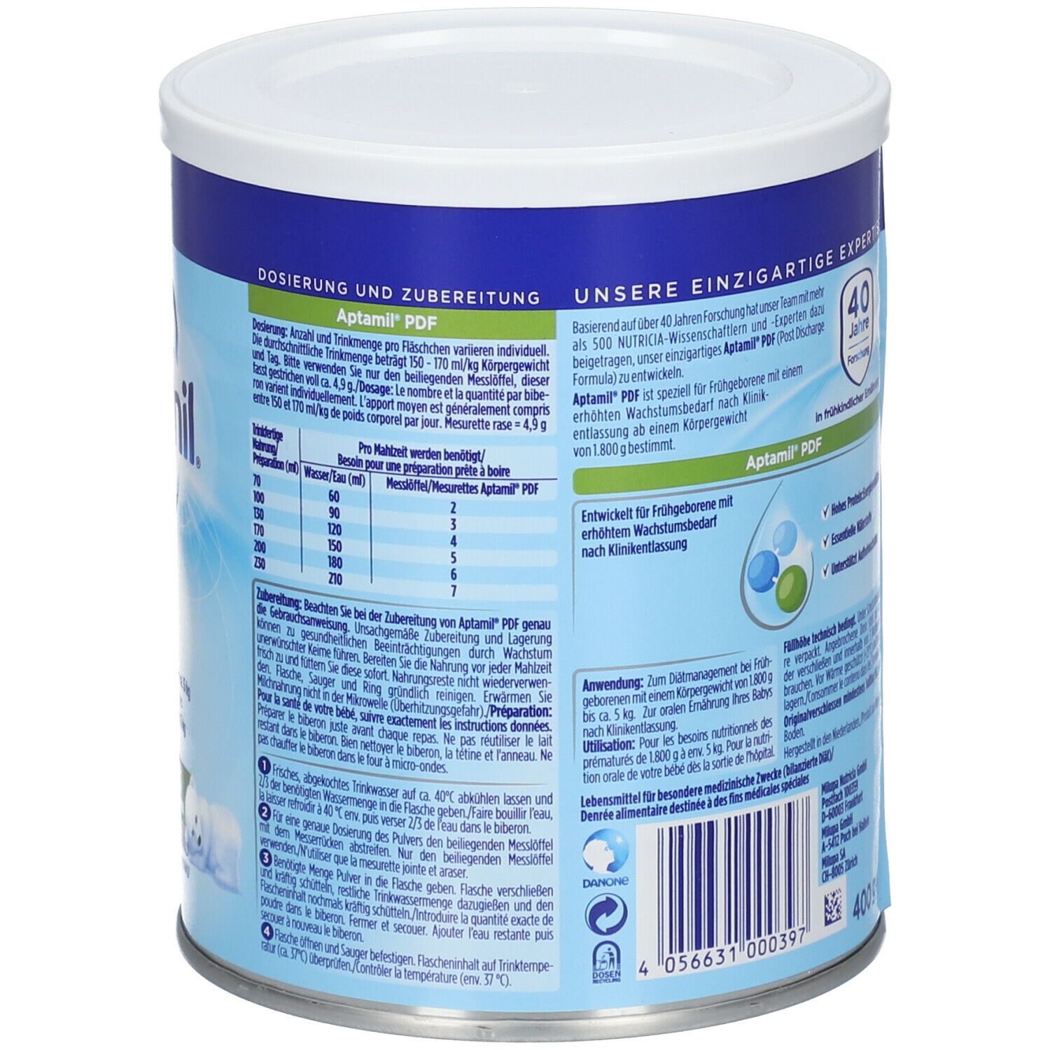 Boîte Aptamil PDF, dos. Contient instructions de dosage, informations nutritionnelles et logo Aptamil.