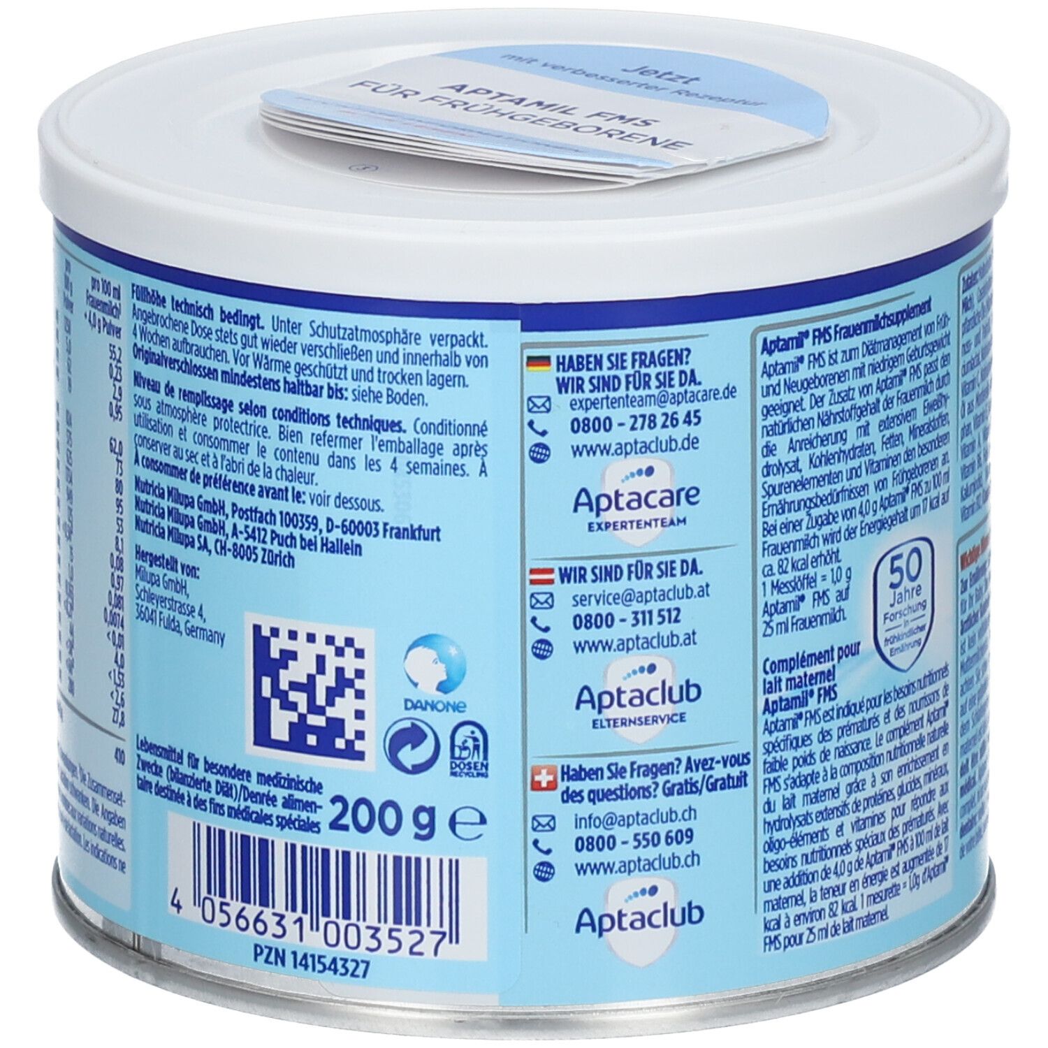 Rückseite der Aptamil FMS Dose. Enthält Text, Barcode, Kontaktinformationen und Nährwertangaben. 200g. Blaue und weiße Farbgebung.
