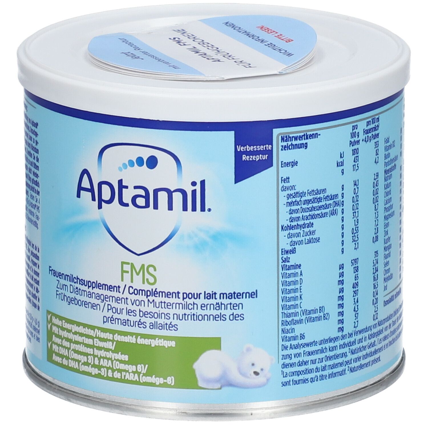 Aptamil FMS Dose. Blau-weiß, zylindrisch. Aufschrift: Aptamil, FMS, Frauenmilchsupplement. Enthält Nährwertangaben und ein Baby-Eisbären-Motiv.