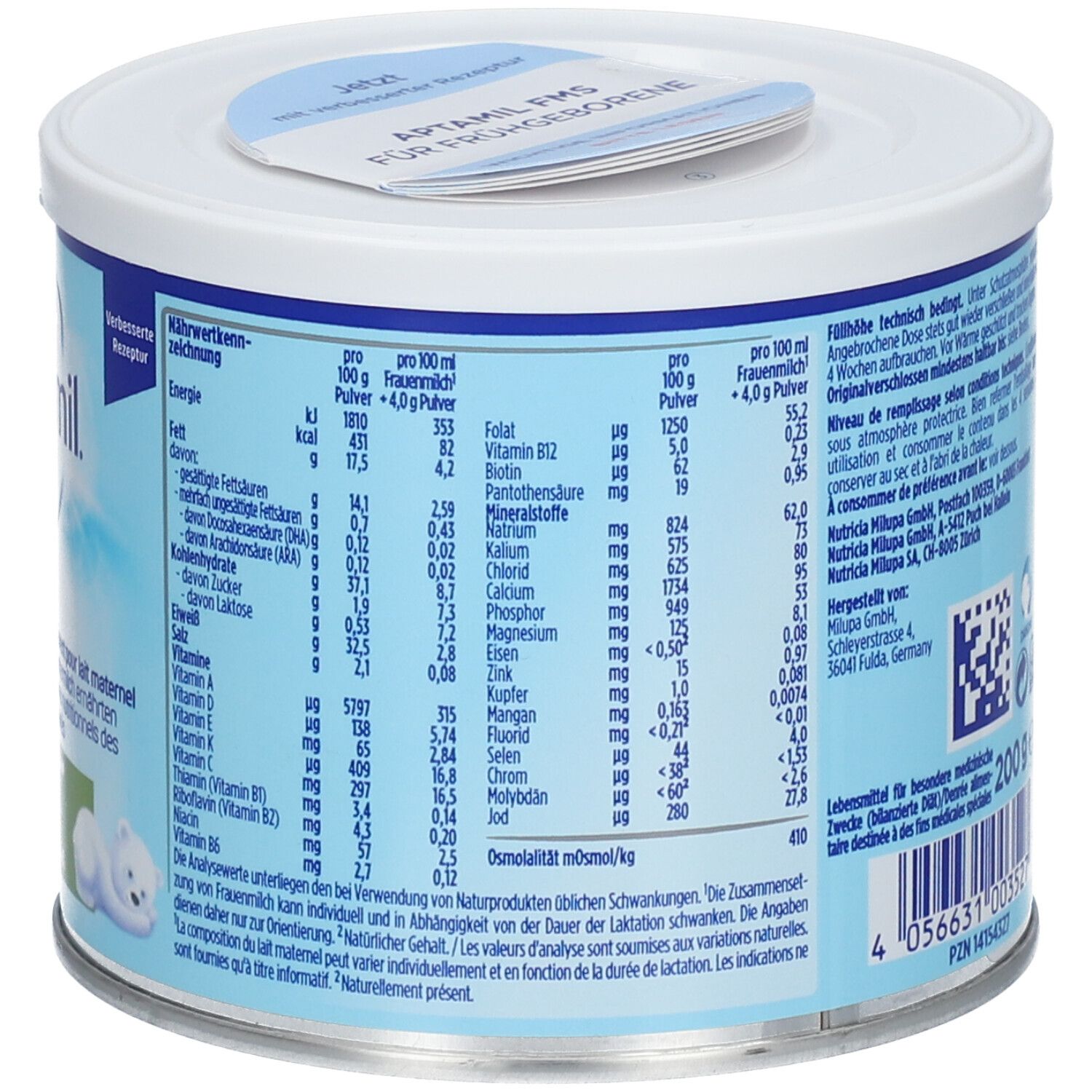Rückseite der Aptamil FMS Dose. Enthält Nährwertangaben, Text und Kontaktinformationen. 200g. Blaue und weiße Farbgebung.