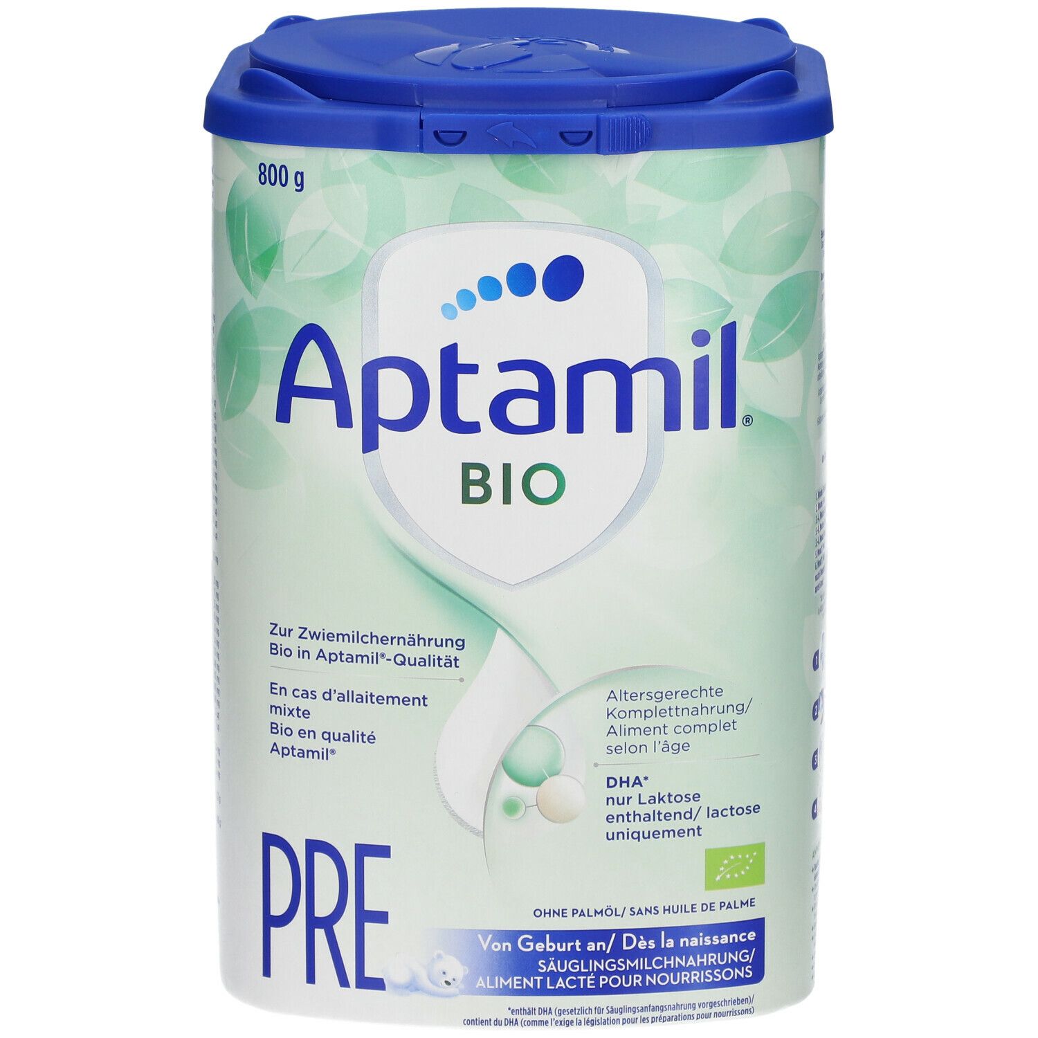 Boîte Aptamil Bio Pre. Couvercle bleu, texte vert et blanc. Contient DHA, sans huile de palme. 800g.