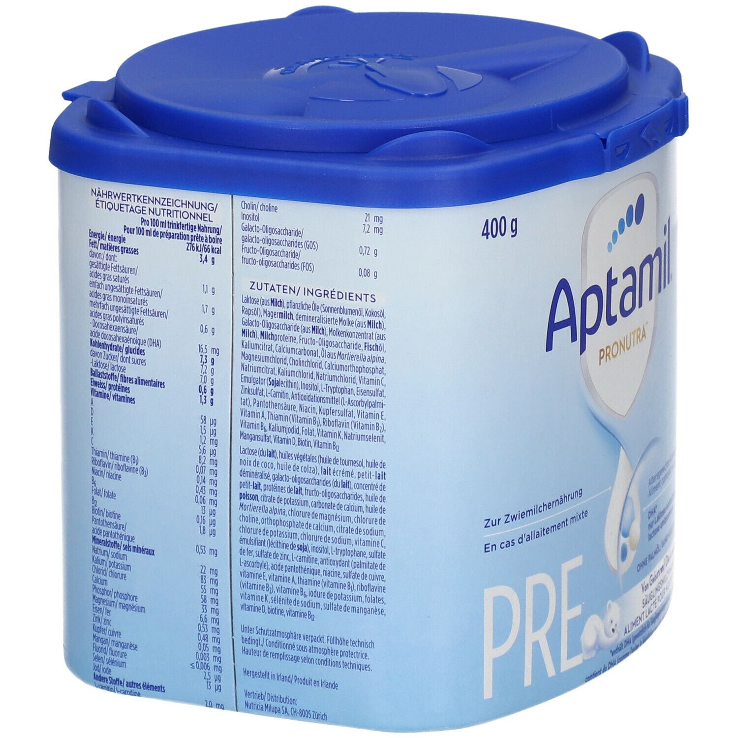 Boîte Aptamil Pronutra Pre, 400g. Dos avec informations nutritionnelles et liste des ingrédients. Couvercle bleu, boîte bleu et blanc.
