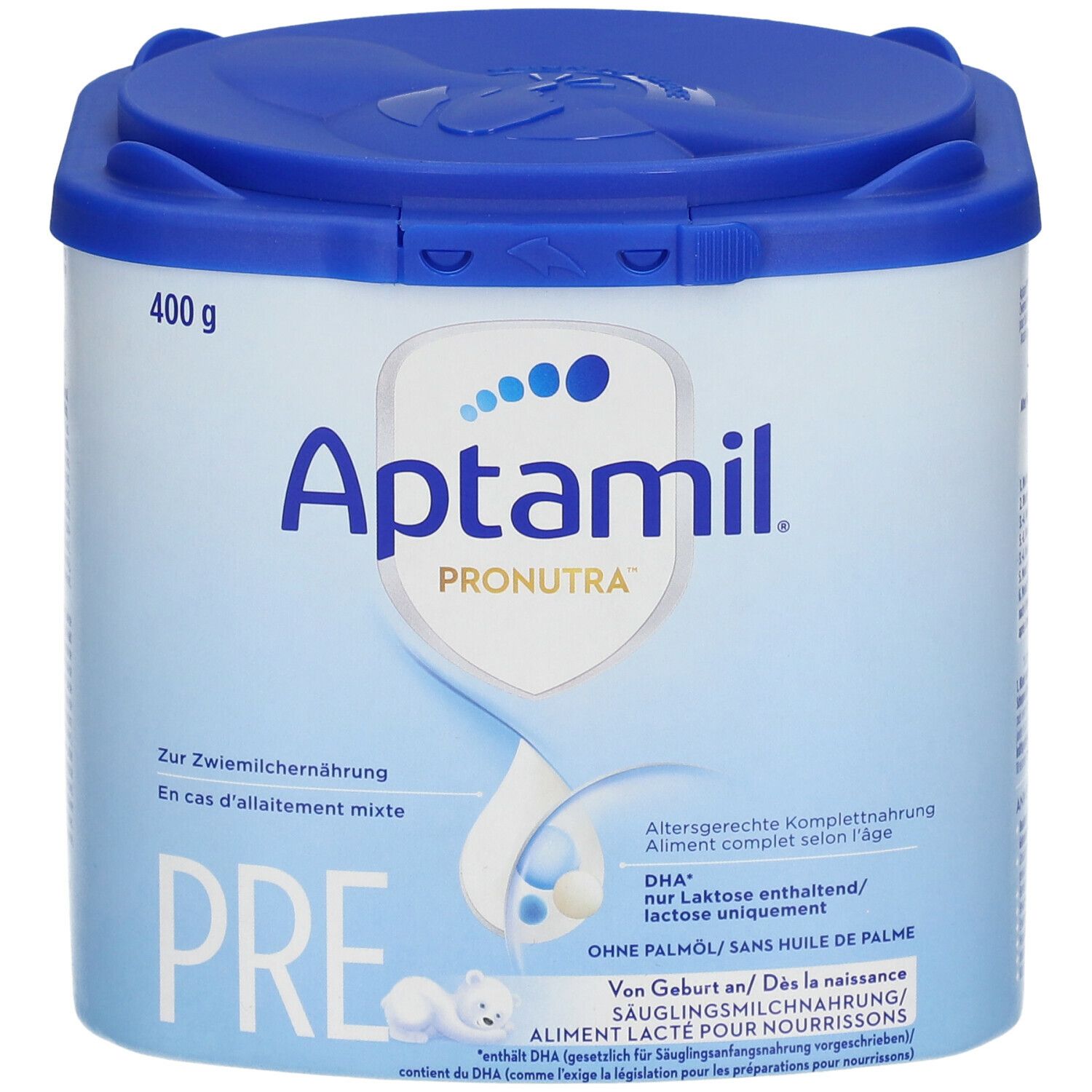 Boîte Aptamil Pronutra Pre, 400g. Emballage bleu et blanc. Inscription: Aliment lacté pour nourrissons, sans huile de palme. Couvercle avec fermeture.