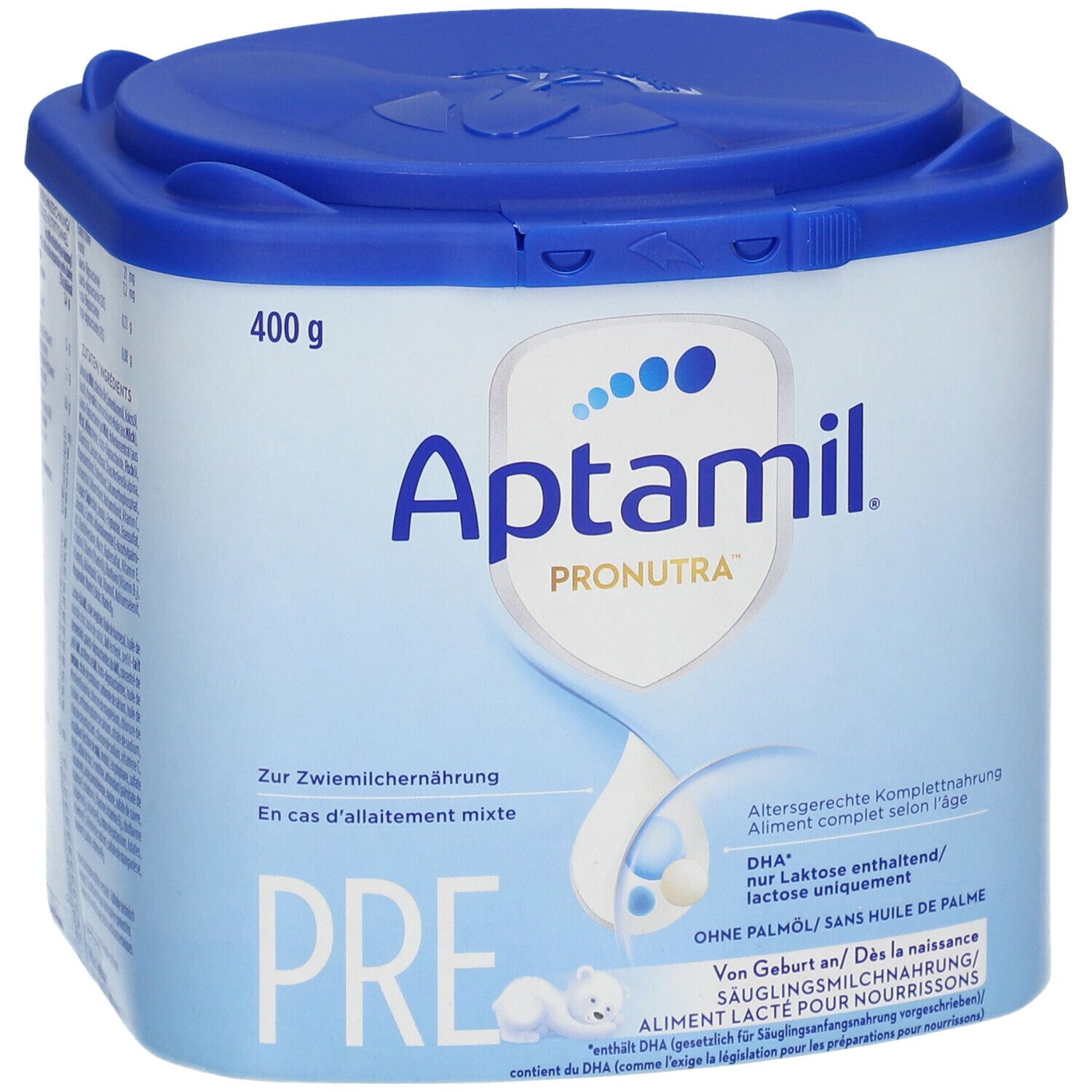 Boîte Aptamil Pronutra Pre, 400g. Emballage bleu et blanc. Couvercle avec fermeture. Inscription: Aliment lacté pour nourrissons, sans huile de palme.