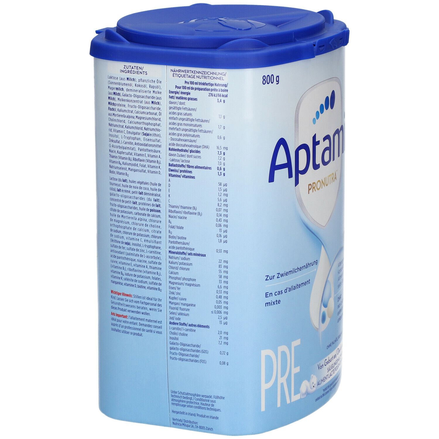 Dos de la boîte Aptamil Pronutra Pre. Boîte bleue avec couvercle. Tableau nutritionnel et liste des ingrédients. 800g.
