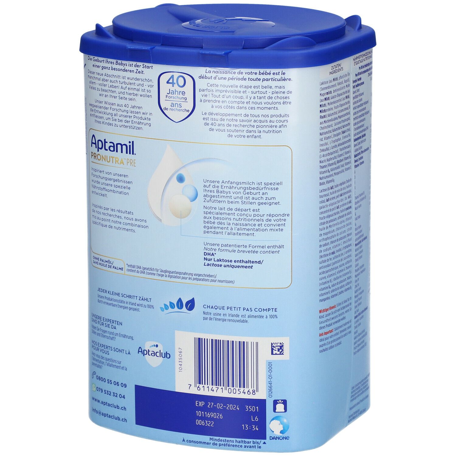 Dos de la boîte Aptamil Pronutra Pre. Boîte bleue avec couvercle. Texte et informations sur la marque. 800g.