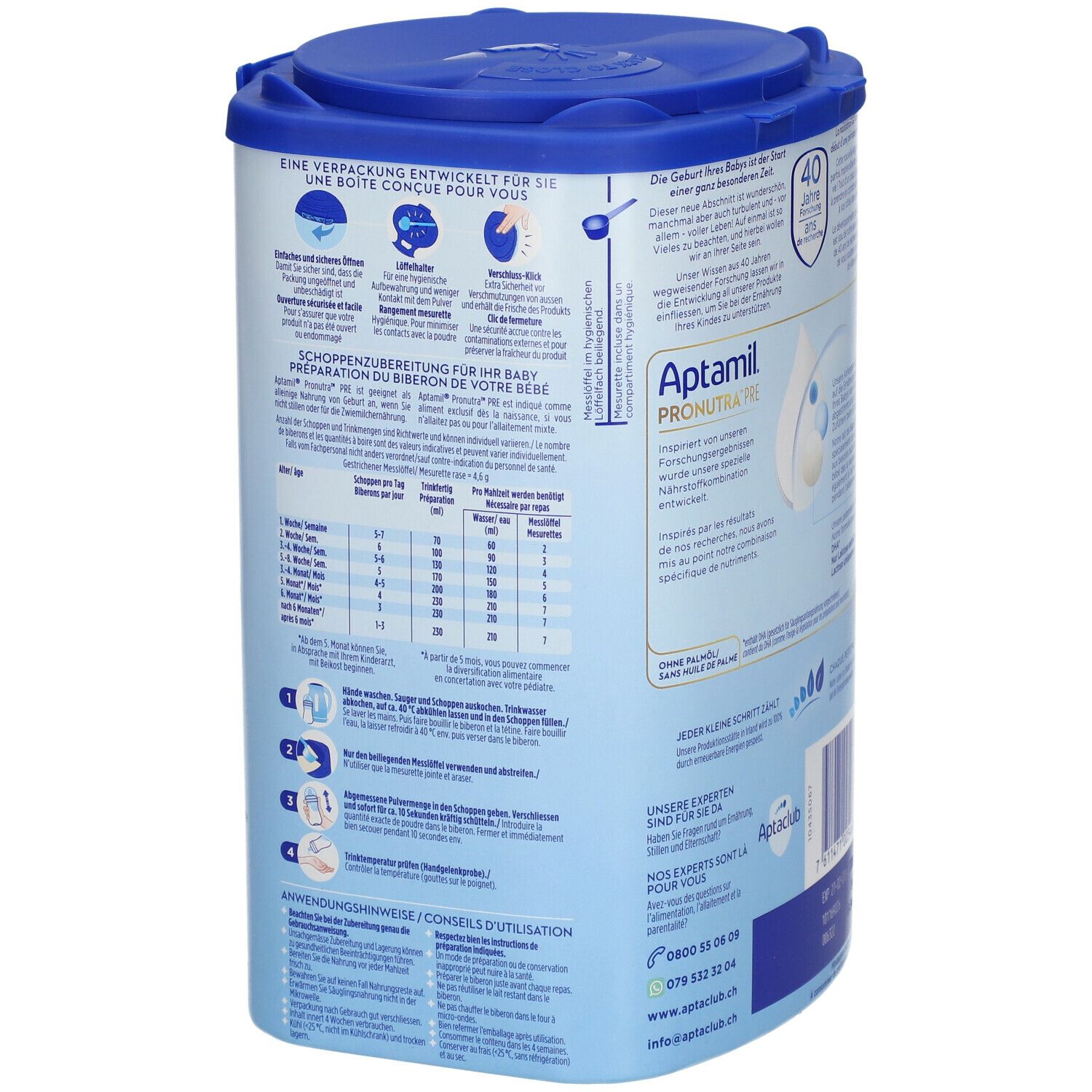 Dos de la boîte Aptamil Pronutra Pre. Boîte bleue avec couvercle. Instructions de préparation et utilisation. 800g.