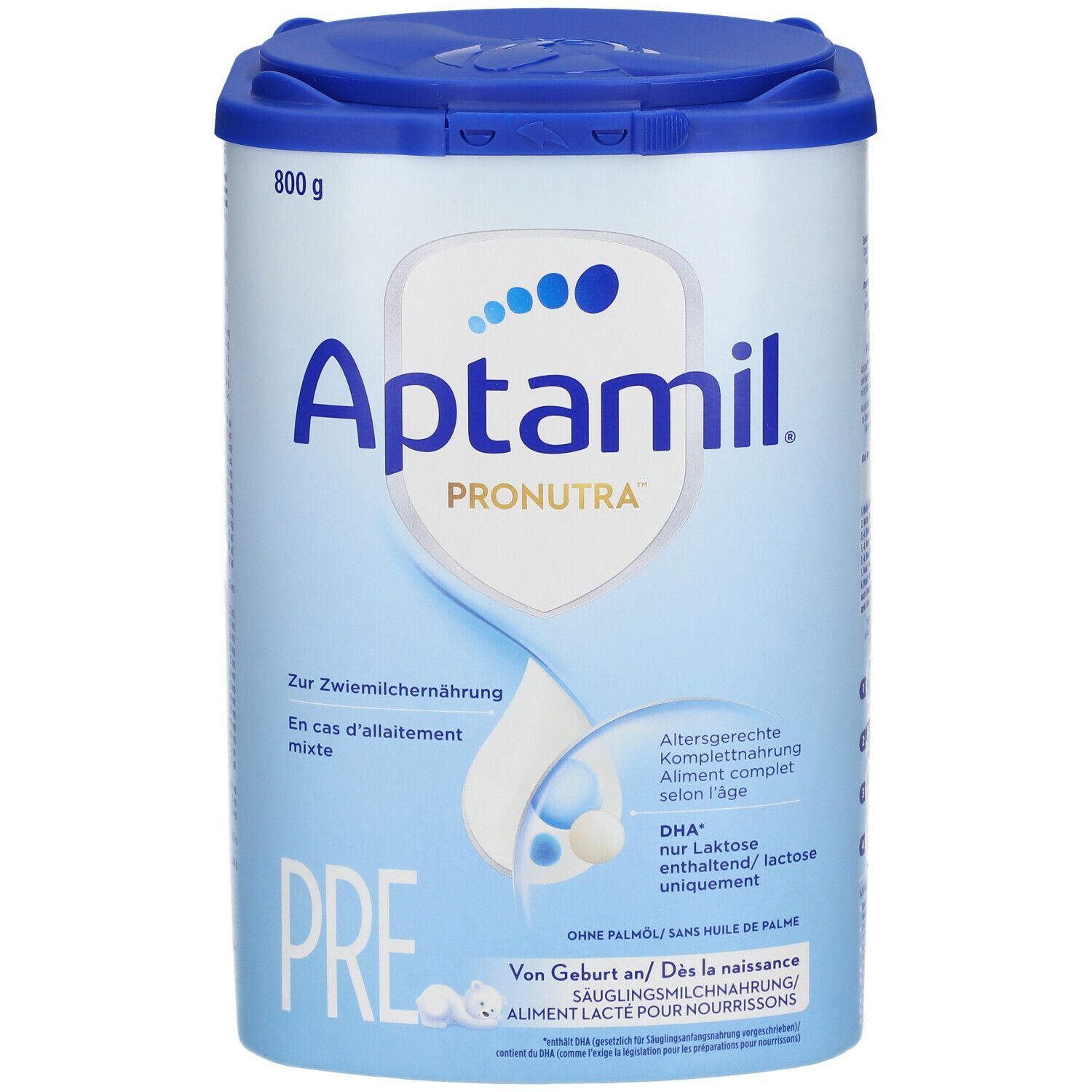 Boîte de lait infantile Aptamil Pronutra Pre. Boîte bleue avec couvercle. Texte: Pre, DHA, sans huile de palme. 800g.
