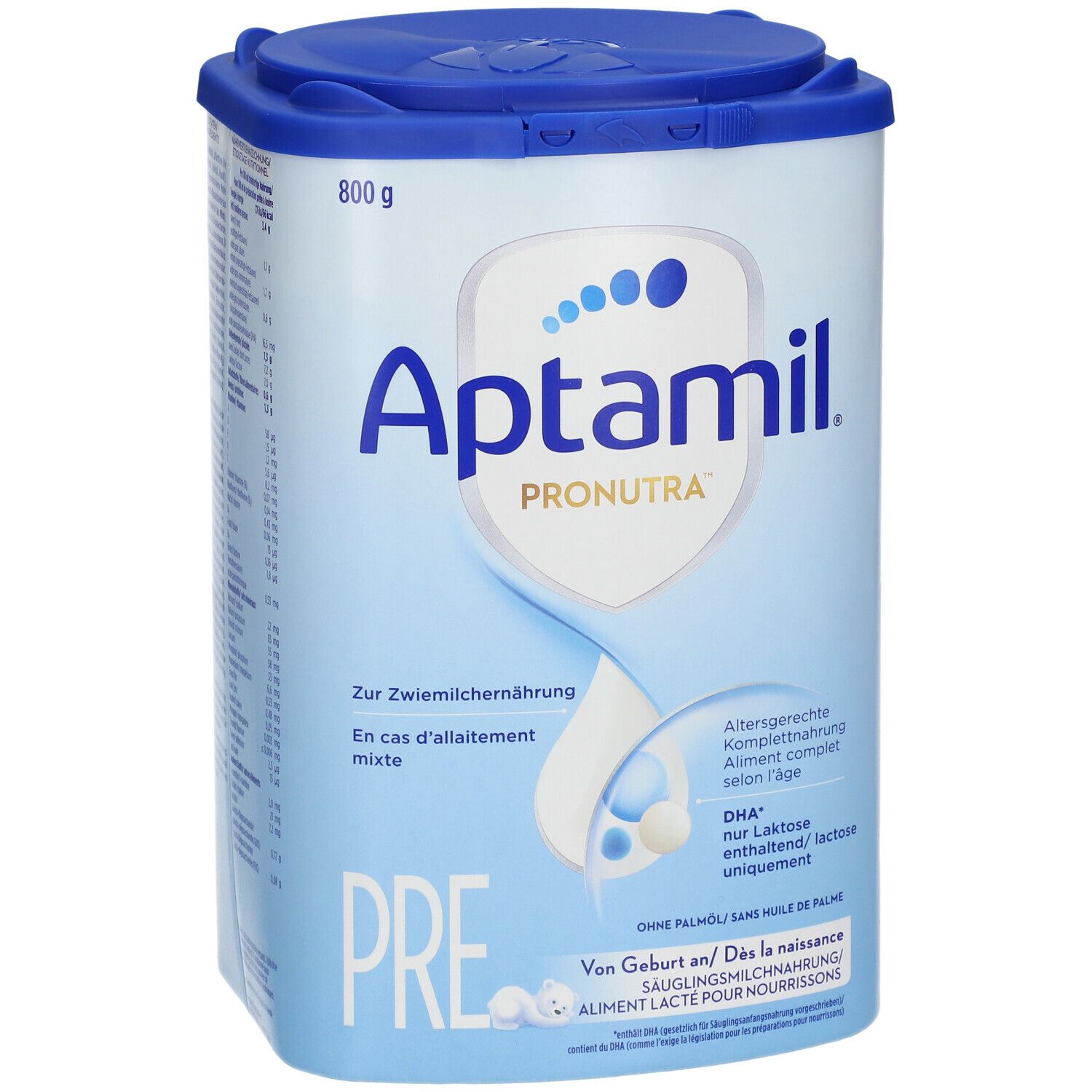 Boîte de lait infantile Aptamil Pronutra Pre. Boîte bleue avec couvercle. Texte: Pre, DHA, sans huile de palme. 800g.