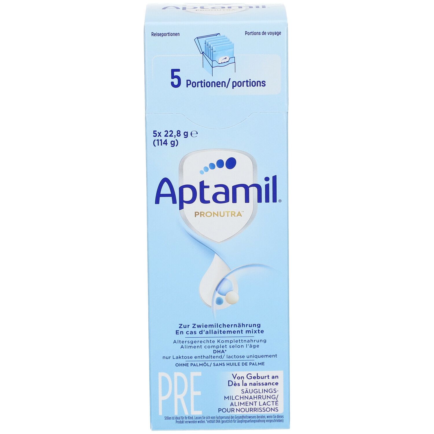 Hellblaue Schachtel mit Aptamil Pronutra Pre. Enthält 5 Portionen. Text: Zur Zwiemilchnahrung, ohne Palmöl. Aufdruck: Pre, Säuglingsmilchnahrung.
