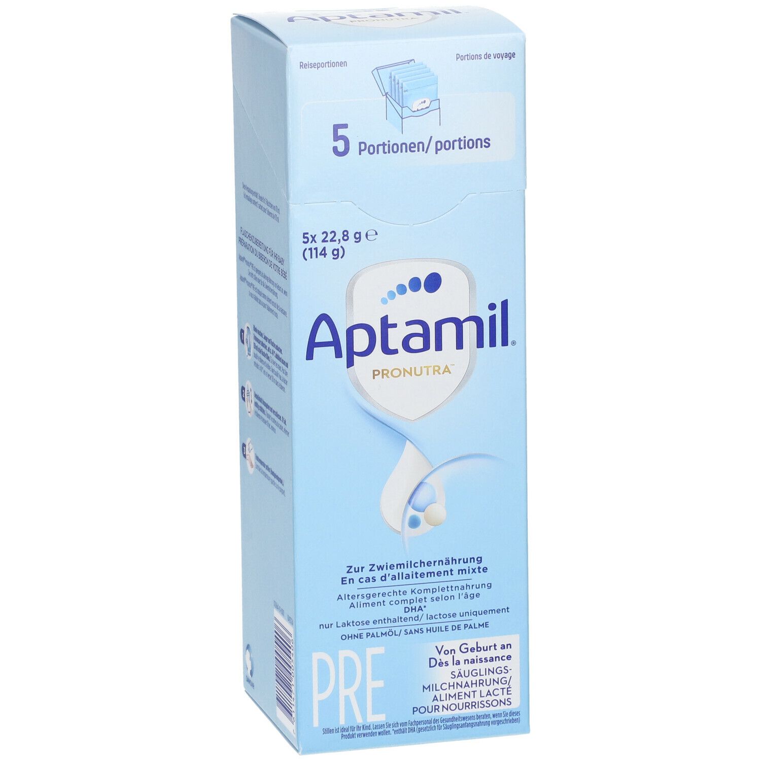 Hellblaue Schachtel mit Aptamil Pronutra Pre. Enthält 5 Portionen. Text: Zur Zwiemilchnahrung, ohne Palmöl. Aufdruck: Pre, Säuglingsmilchnahrung.