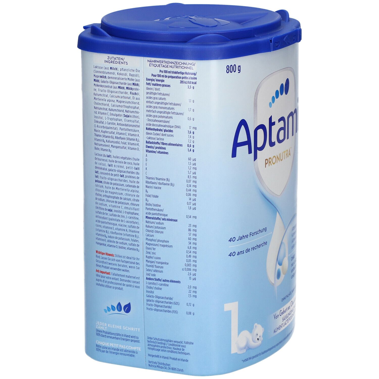 Rückseite der Aptamil Pronutra 1-Milchpulverdose. Enthält Nährwertangaben. Dose blau-weiß mit Deckel. 800g.