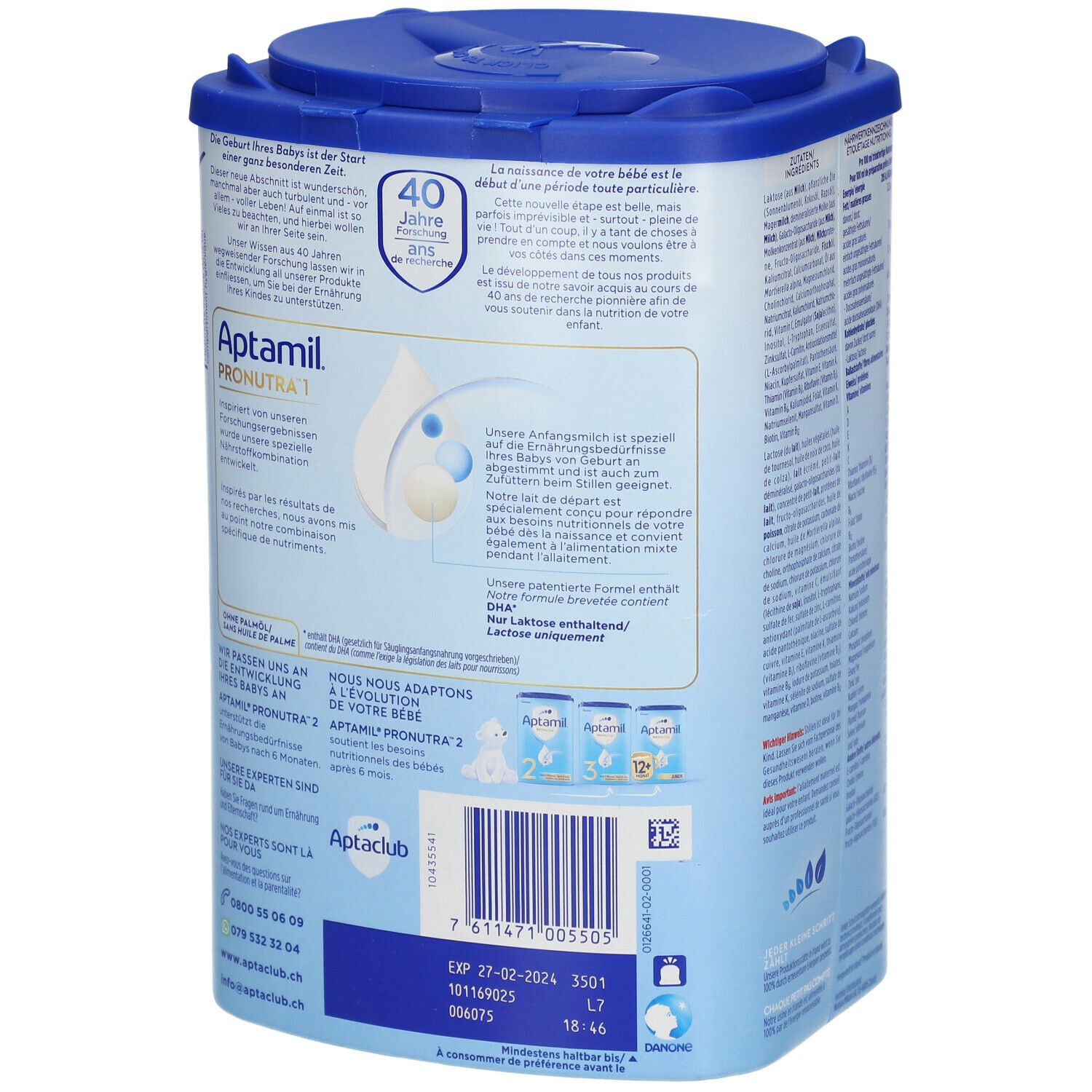Rückseite der Aptamil Pronutra 1-Milchpulverdose. Enthält Informationen und Produktabbildungen. Dose blau-weiß mit Deckel.