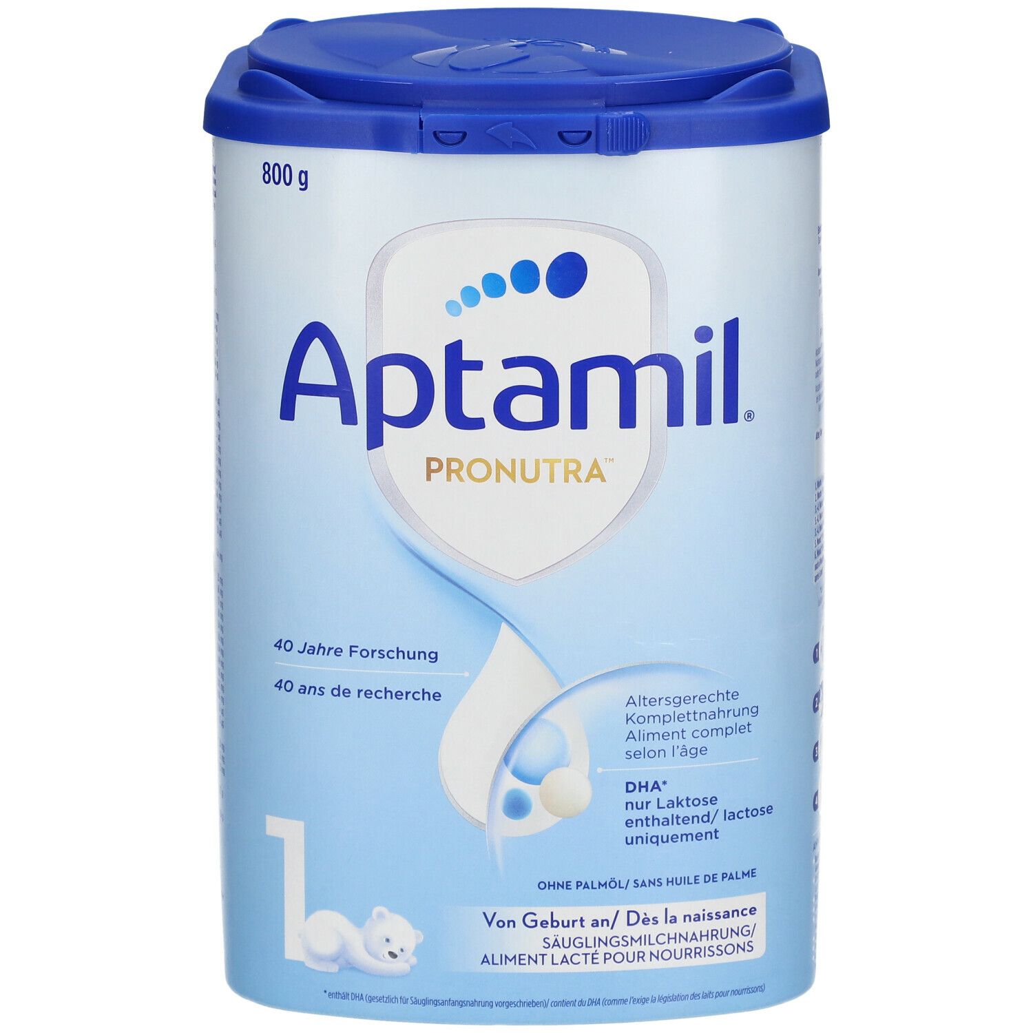 Aptamil Pronutra 1-Milchpulverdose. Blau-weiße Dose mit Deckel. Enthält 800g. Aufschrift: "DHA nur Laktose enthaltend".