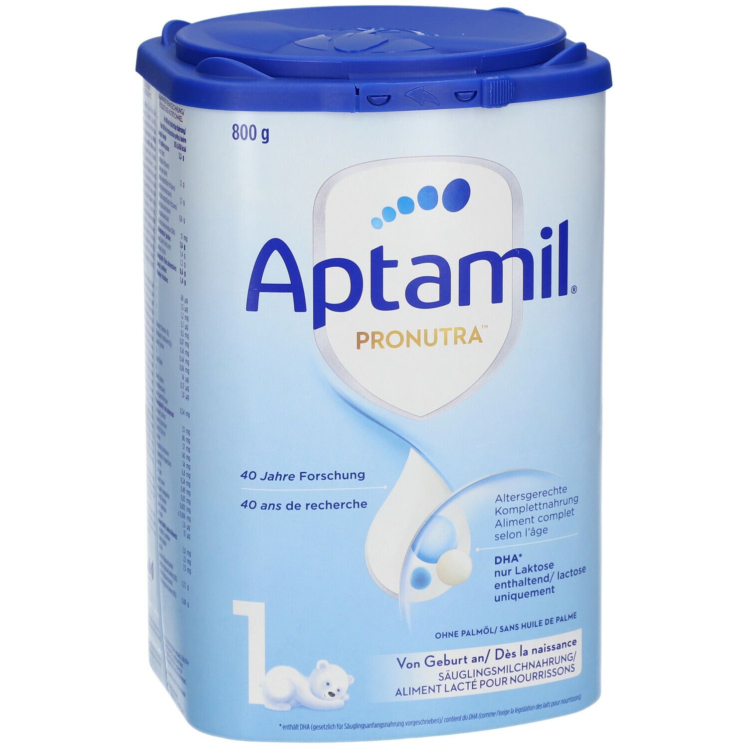 Aptamil Pronutra 1-Milchpulverdose. Blau-weiße Dose mit Deckel. Enthält 800g. Aufschrift: "DHA nur Laktose enthaltend".