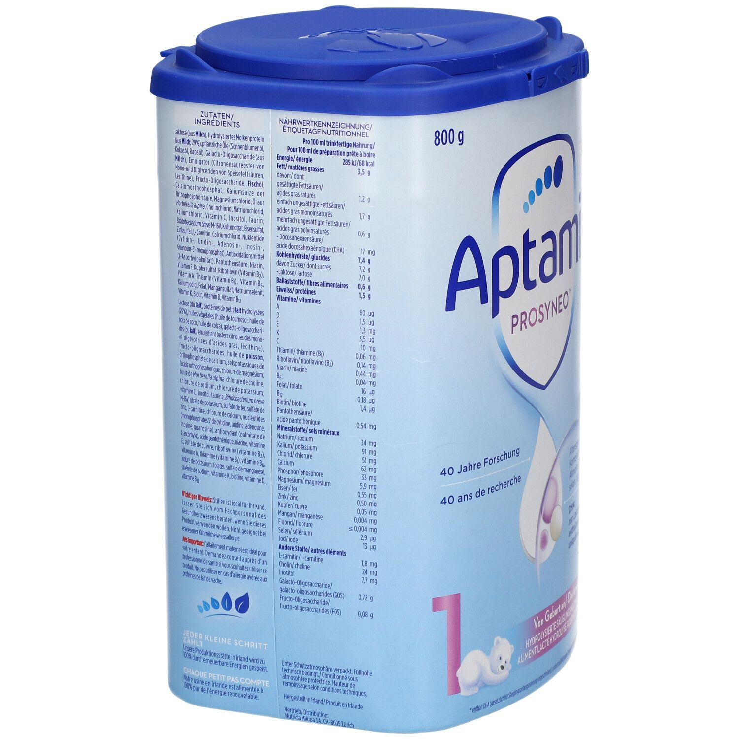 Boîte Aptamil Prosyneo 1. Couvercle bleu, informations nutritionnelles et ingrédients. 800g.