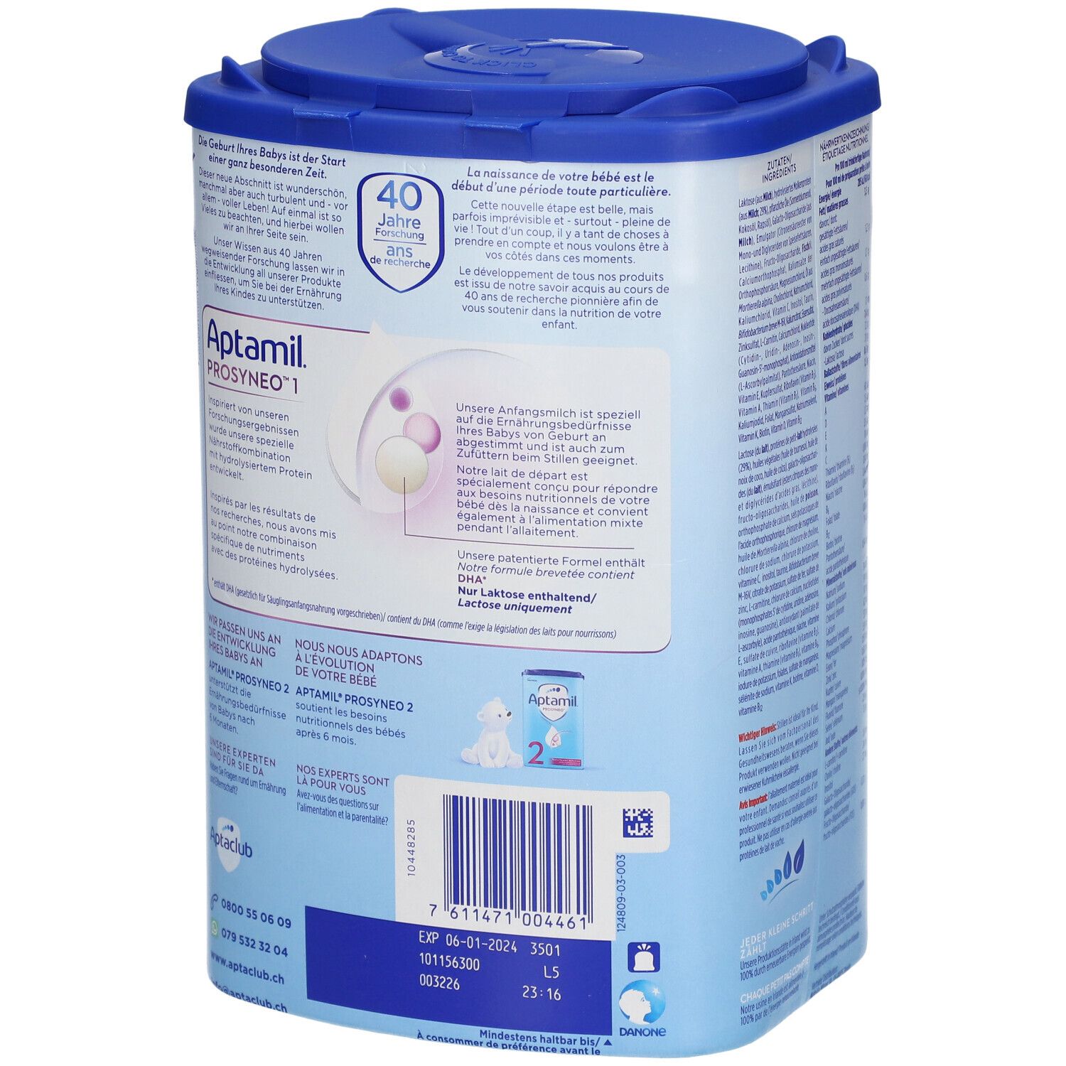 Boîte Aptamil Prosyneo 1. Couvercle bleu, informations produit. Code-barres et date de péremption.