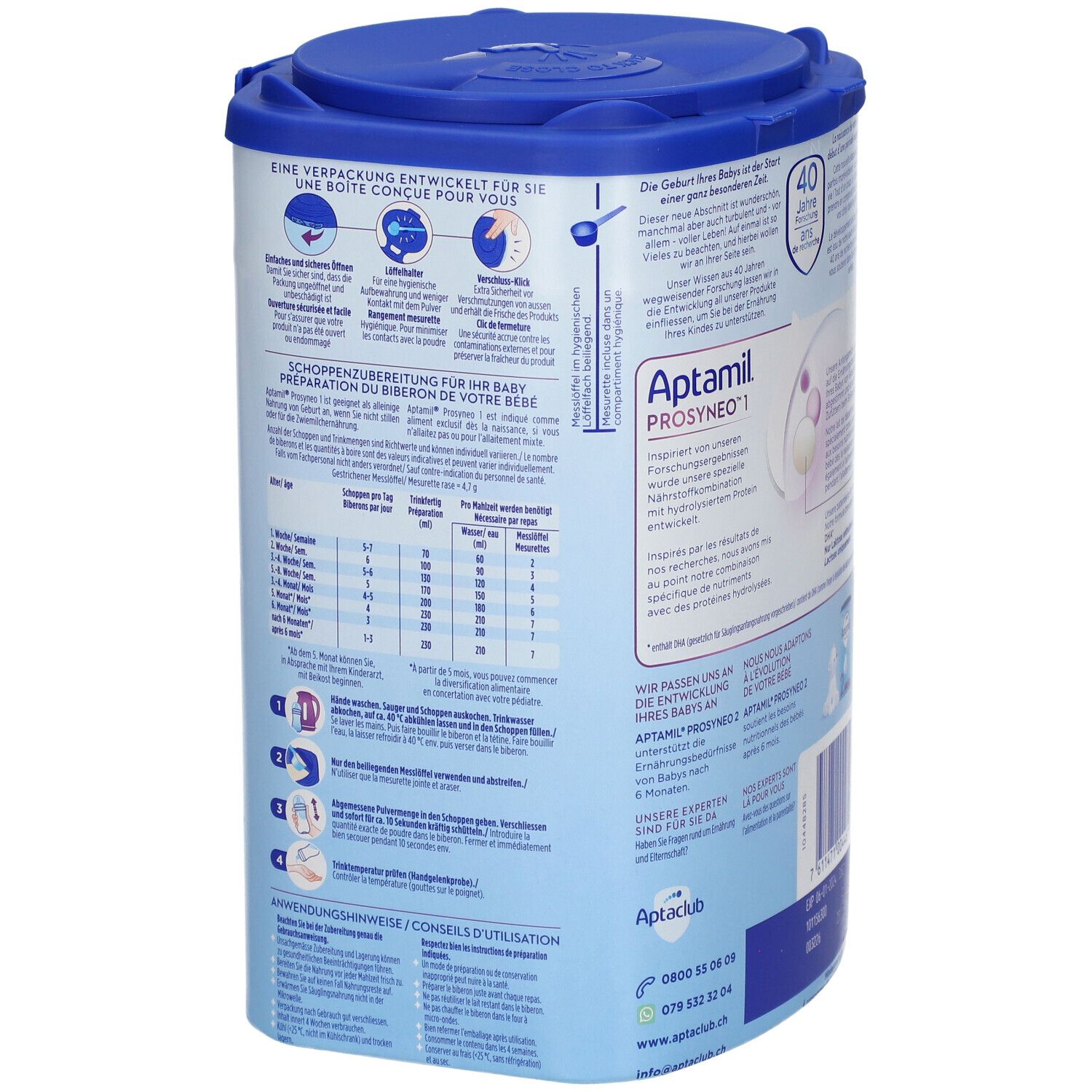 Boîte Aptamil Prosyneo 1. Couvercle bleu, instructions de préparation. Symbole bébé.