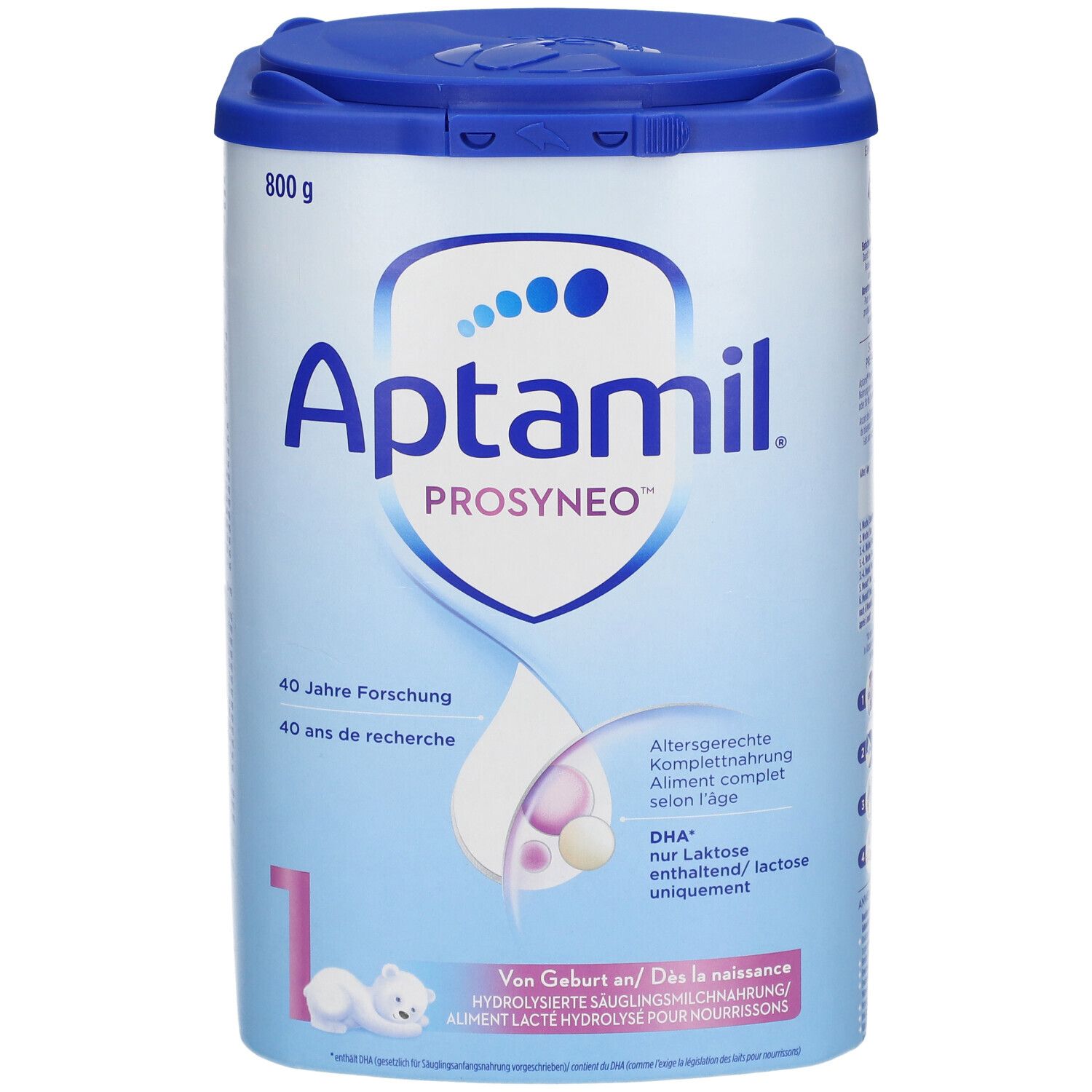 Boîte Aptamil Prosyneo 1. Bleu, blanc. Nom du produit, 800g. Recommandé dès la naissance.
