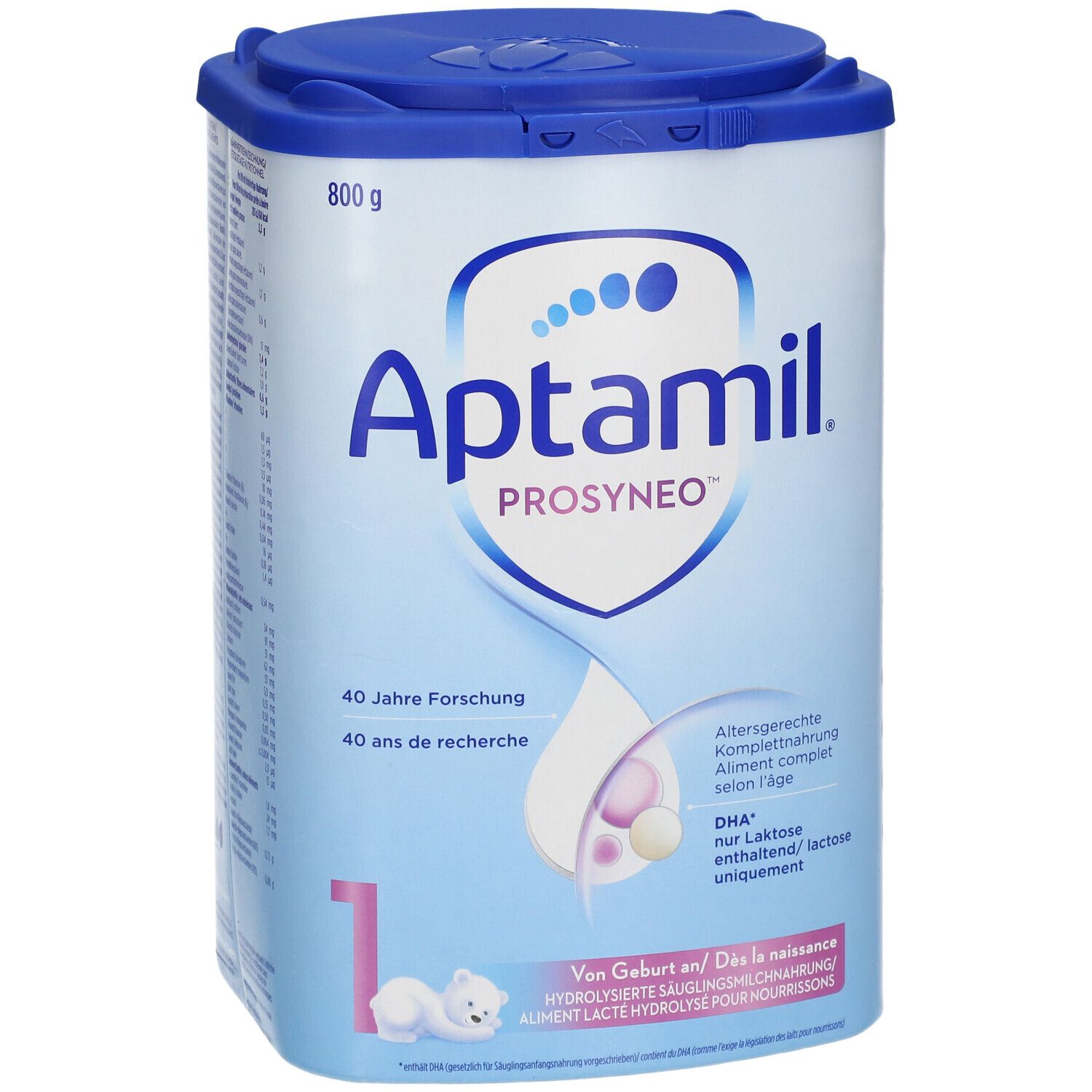 Boîte Aptamil Prosyneo 1. Bleu, blanc. Nom du produit, 800g. Recommandé dès la naissance.