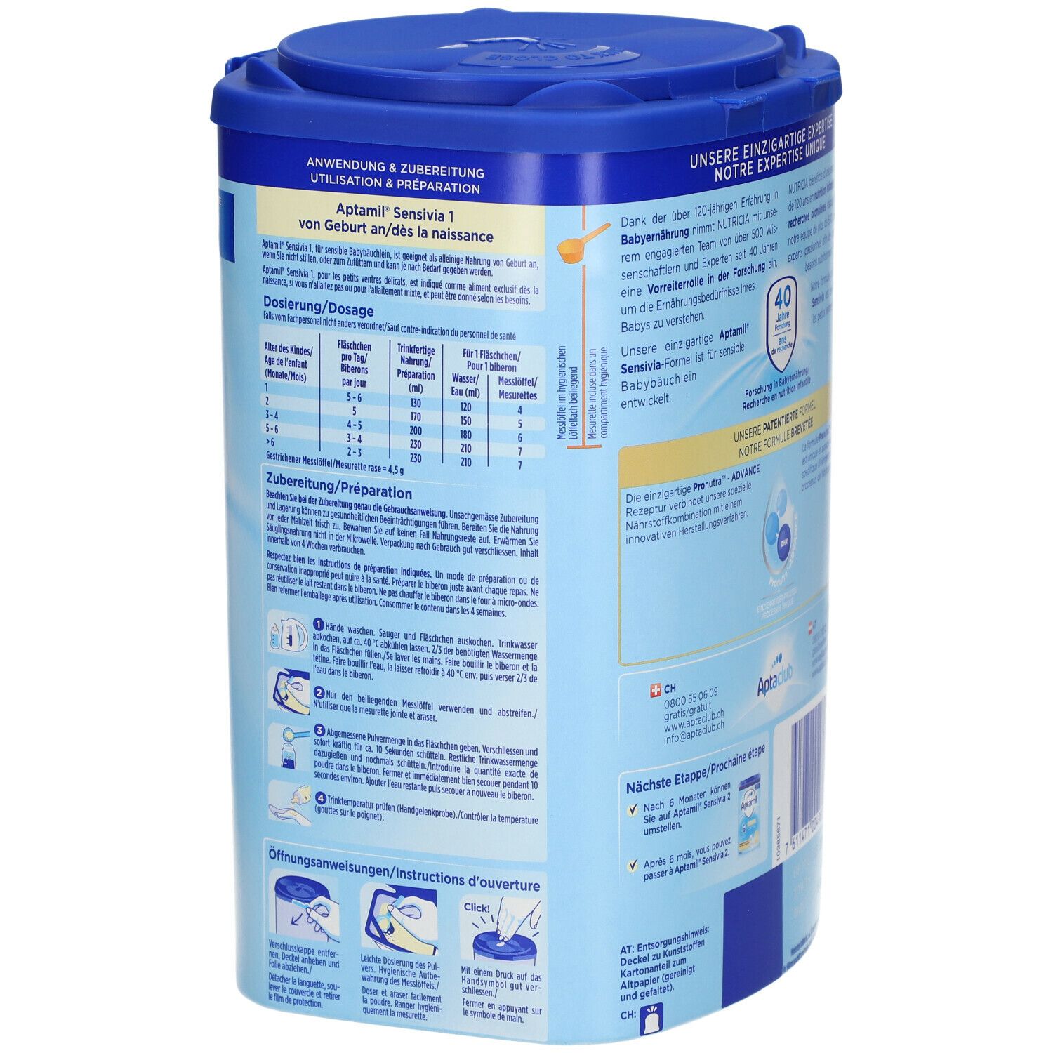 Aptamil Sensivia 1 Dose, Rückseite. Anwendung und Zubereitung. Blaue Dose mit Deckel. 800g.