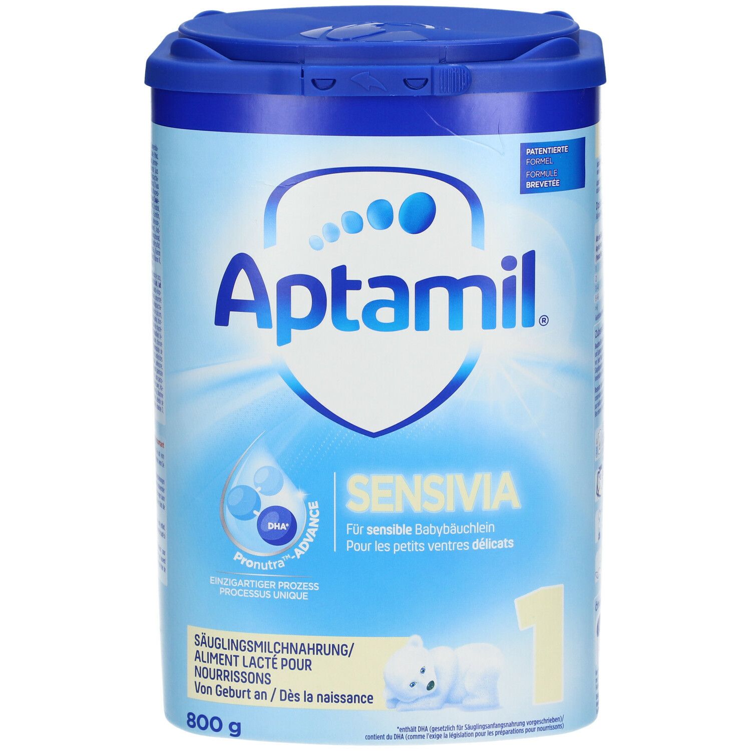 Aptamil Sensivia 1 Säuglingsmilchnahrung. Blaue Dose mit Deckel. Text: Für sensible Babybäuchlein. 800g.