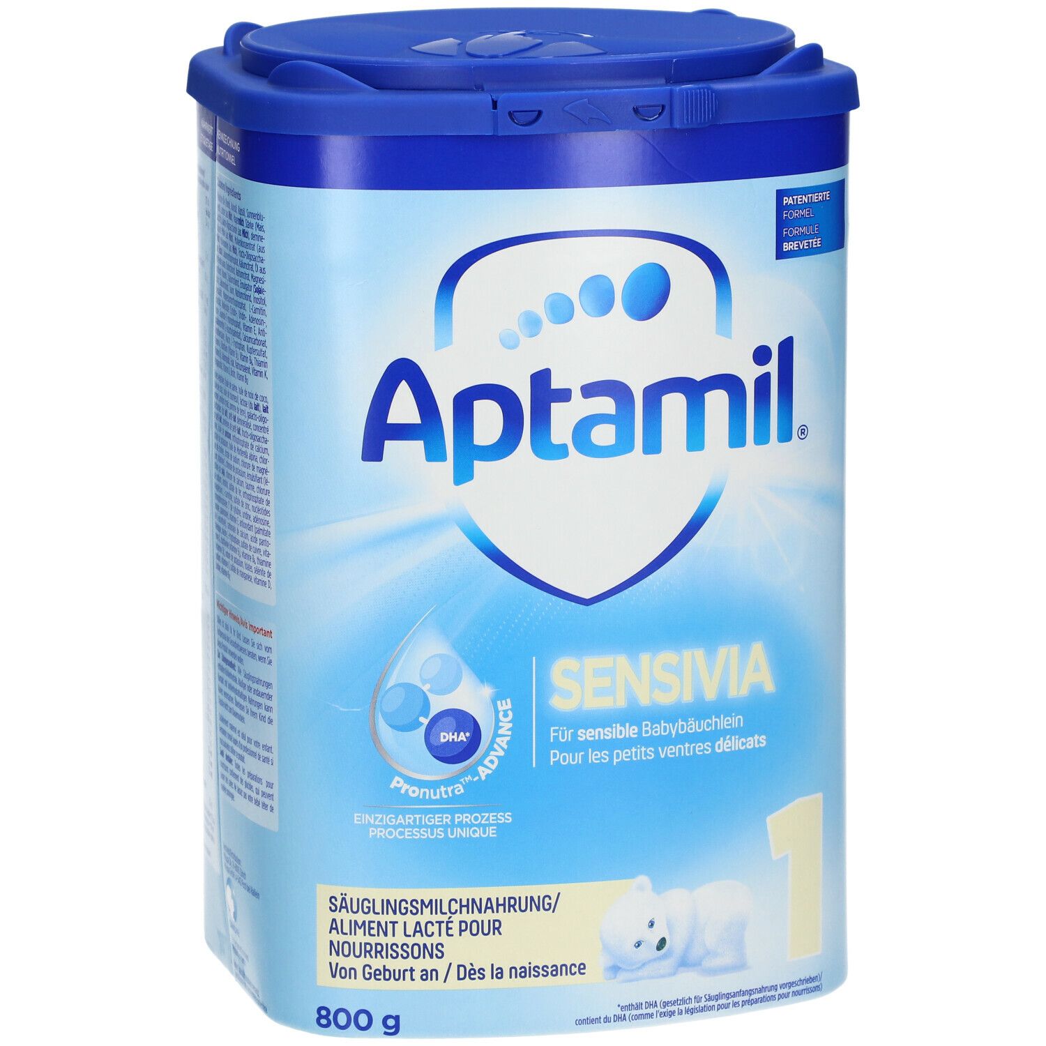 Aptamil Sensivia 1 Säuglingsmilchnahrung. Blaue Dose mit Deckel. Text: Für sensible Babybäuchlein. 800g.
