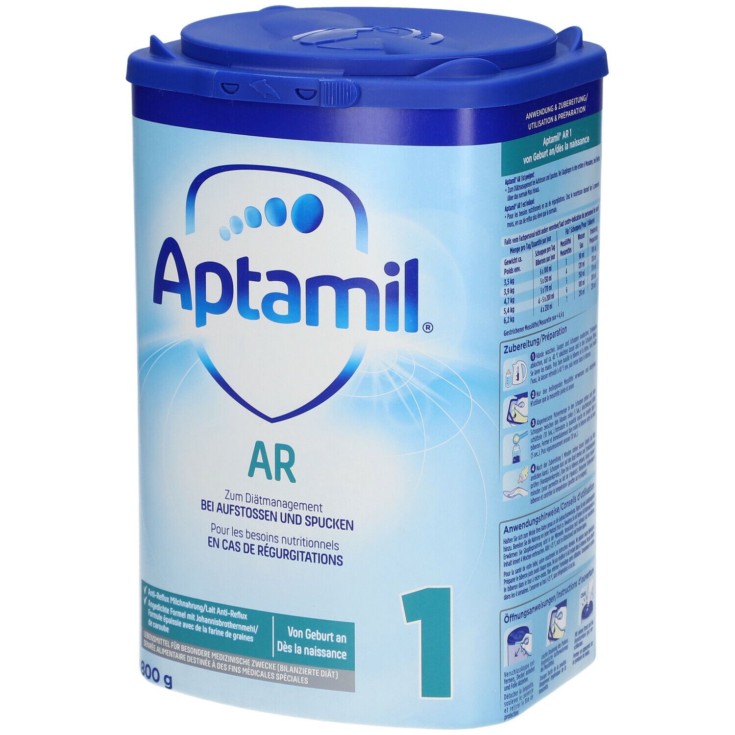 Boîte Aptamil AR 1. Bleue, avec couvercle. Inscription: Aptamil, AR, 1. Pour nourrissons. 800g. Informations sur la boîte.