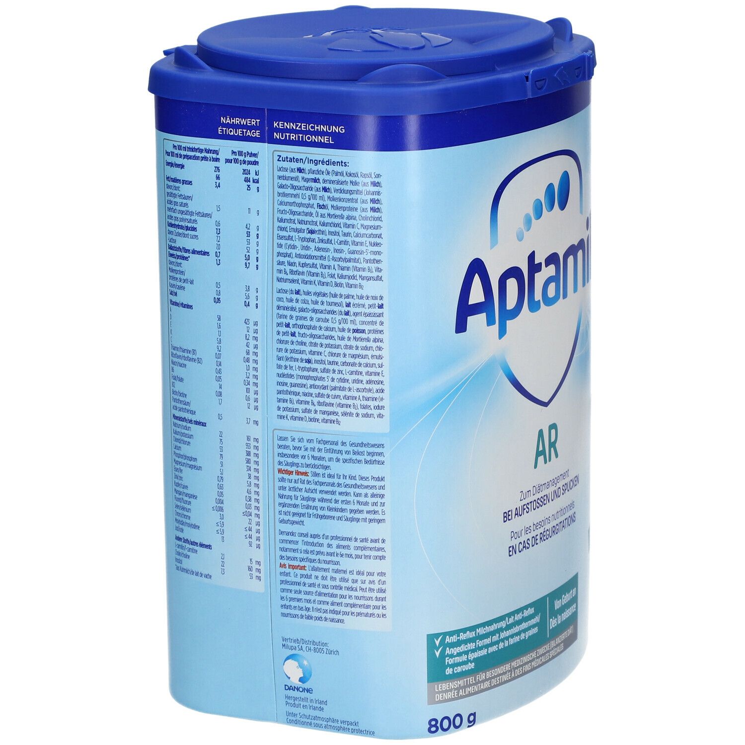 Boîte Aptamil AR 1, bleue. Inscription: Aptamil, AR. Tableau nutritionnel. 800g. Informations sur la boîte.