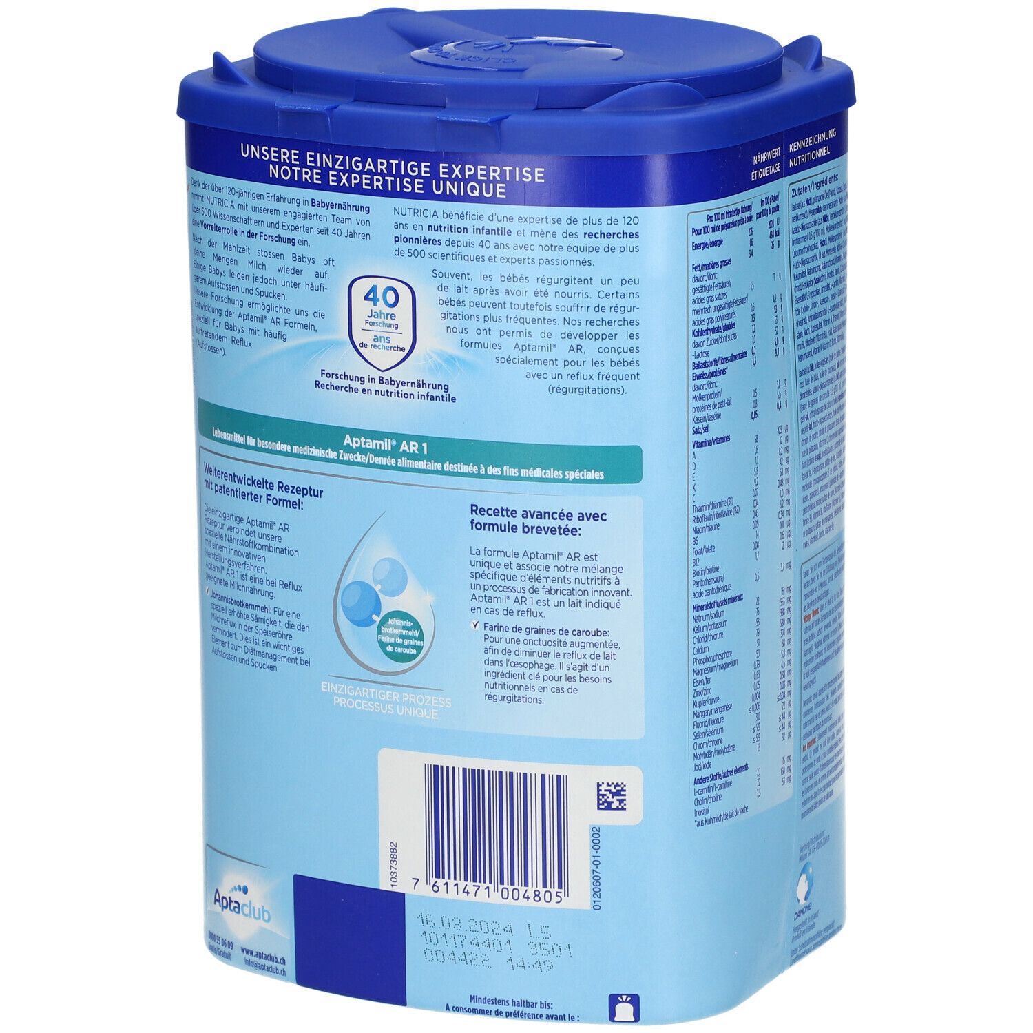 Boîte Aptamil AR 1, bleue. Dos avec texte. 800g. Informations sur la recherche et la recette.