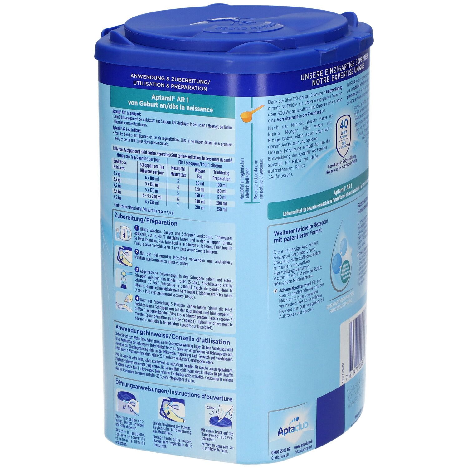 Boîte Aptamil AR 1, bleue. Utilisation et préparation. 800g. Recommandations de dosage et instructions.