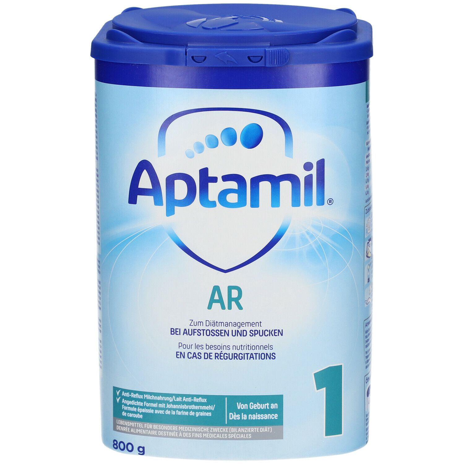 Boîte Aptamil AR 1, bleue. Inscription: Aptamil, AR, 1. Pour nourrissons. 800g. Informations sur la boîte.