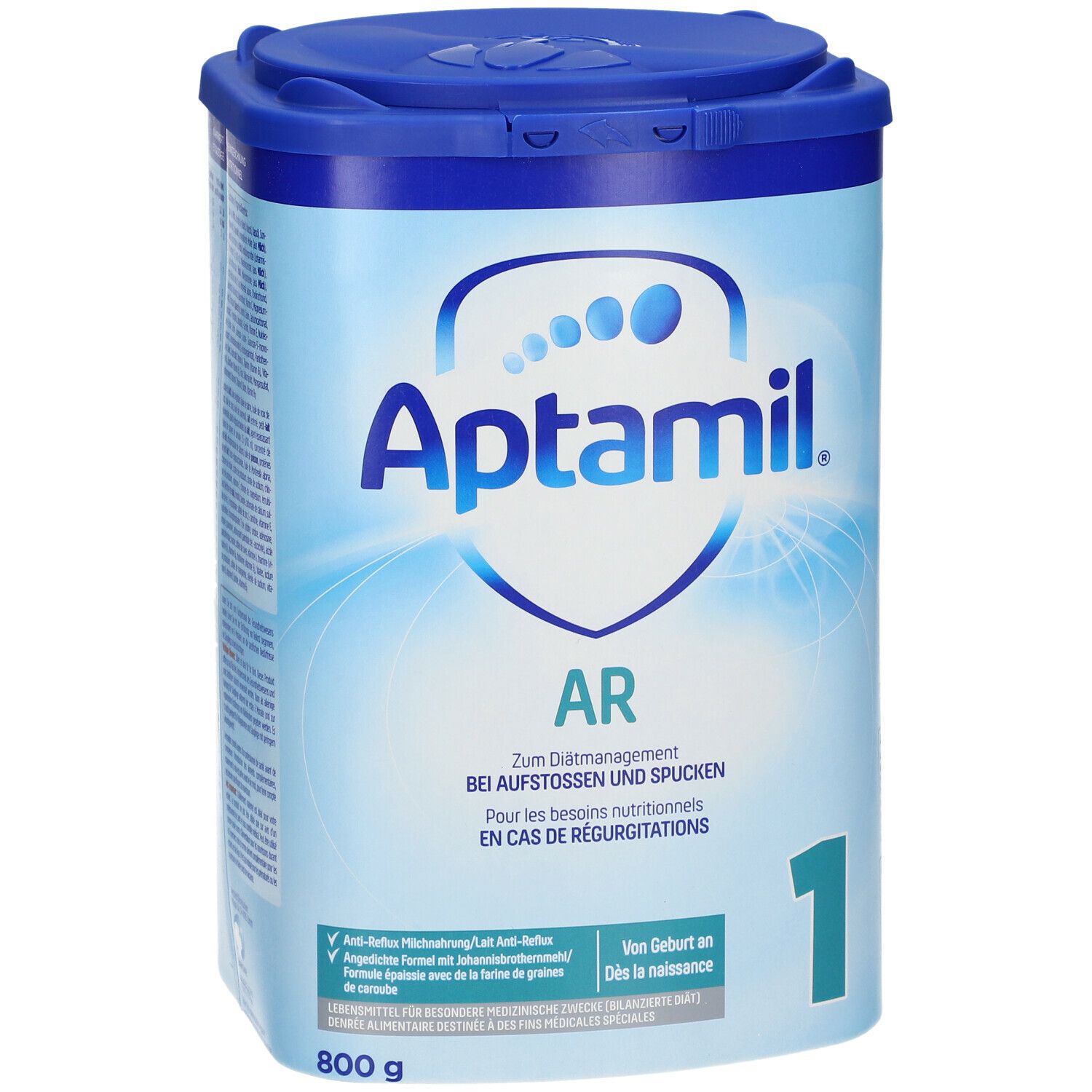 Boîte Aptamil AR 1, bleue. Inscription: Aptamil, AR, 1. Pour nourrissons. 800g. Informations sur la boîte.