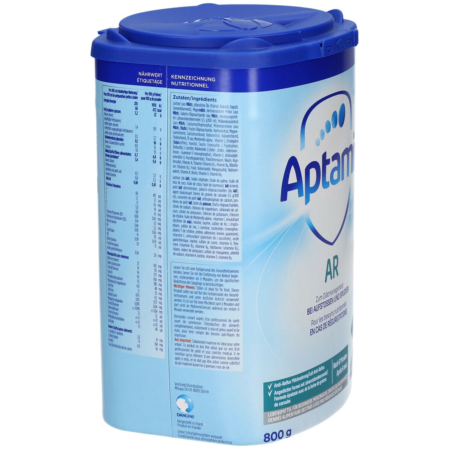 Boîte Aptamil AR 2, bleue et blanche. Informations nutritionnelles et ingrédients sur le côté. 800g. Couvercle bleu.