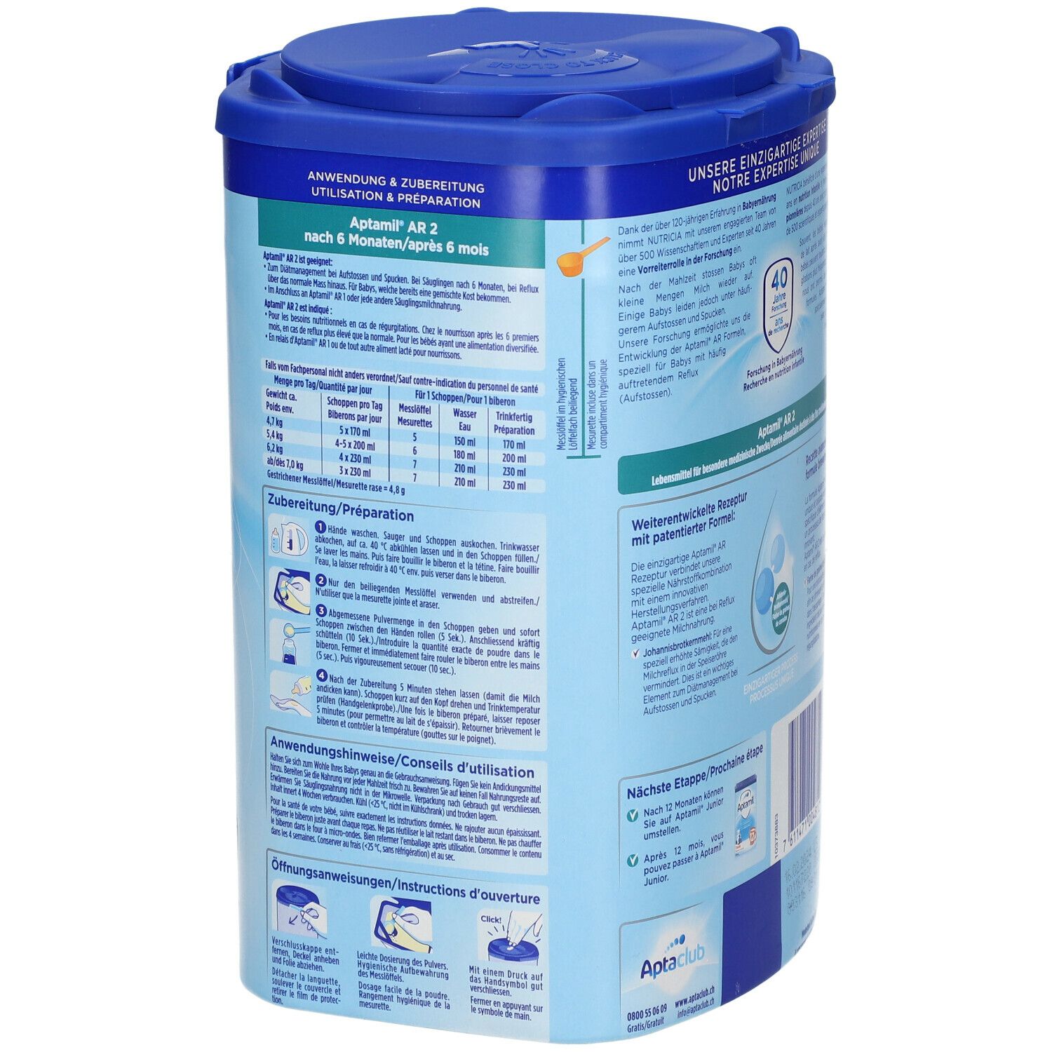 Dos de la boîte Aptamil AR 2. Instructions d'utilisation et de préparation. Instructions d'ouverture. Couvercle bleu.