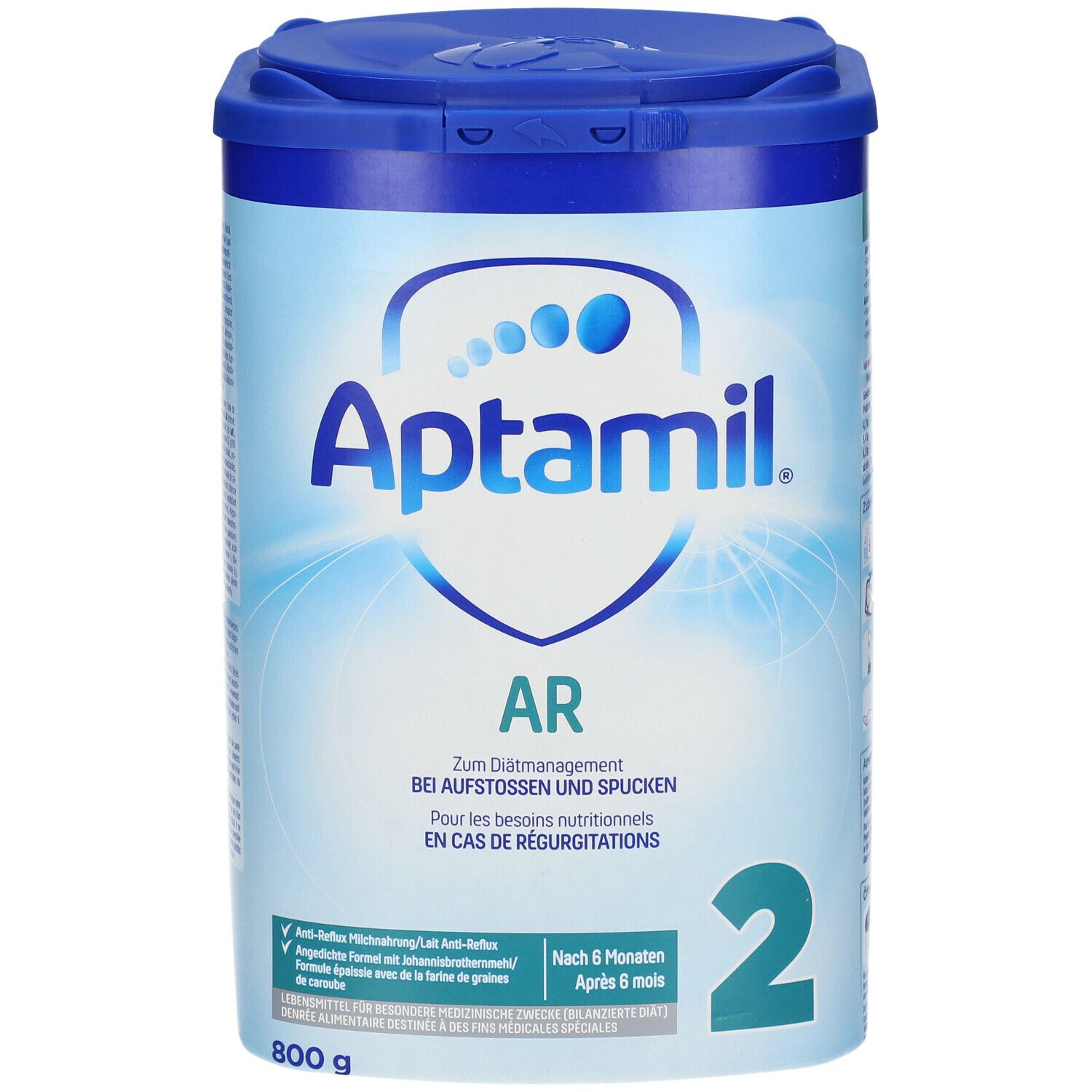 Boîte Aptamil AR 2, bleue et blanche. Inscription : Aptamil, AR, 2. Pour la gestion diététique des régurgitations. 800g.