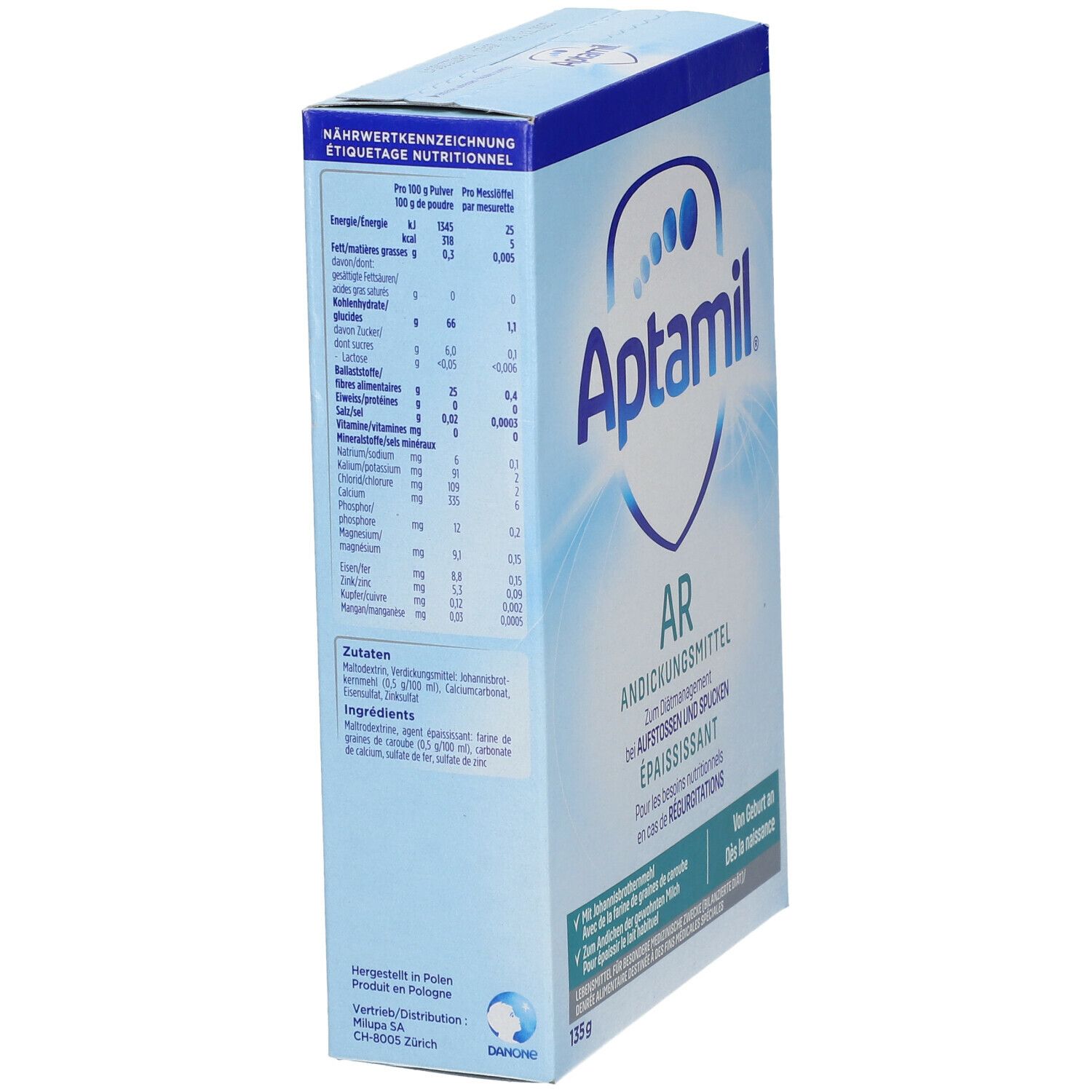 Boîte Aptamil AR, vue latérale. Emballage bleu avec tableau nutritionnel et informations. 135g.