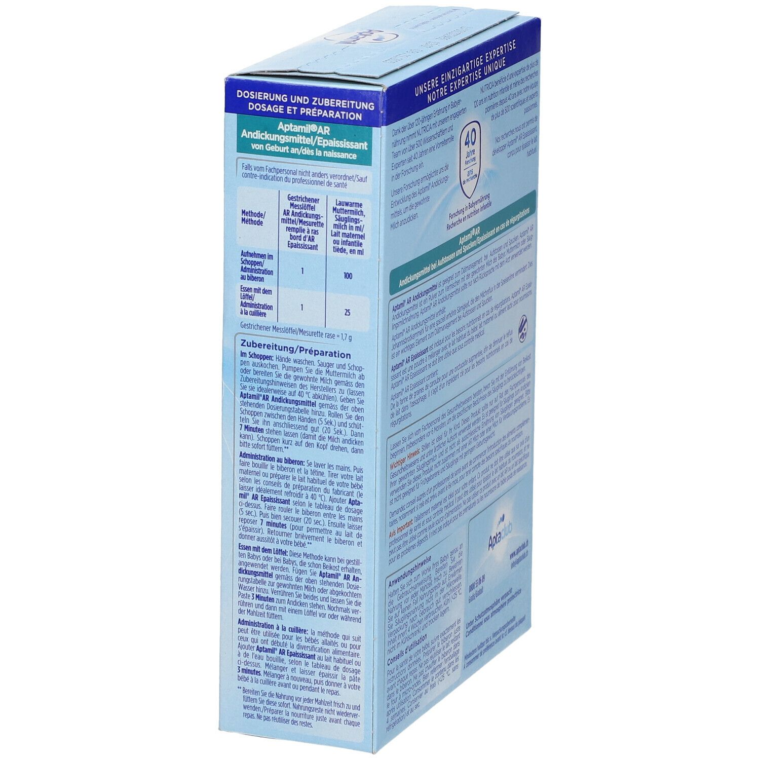 Boîte Aptamil AR, dos. Emballage bleu avec instructions de dosage et préparation. 40 ans d'expérience.