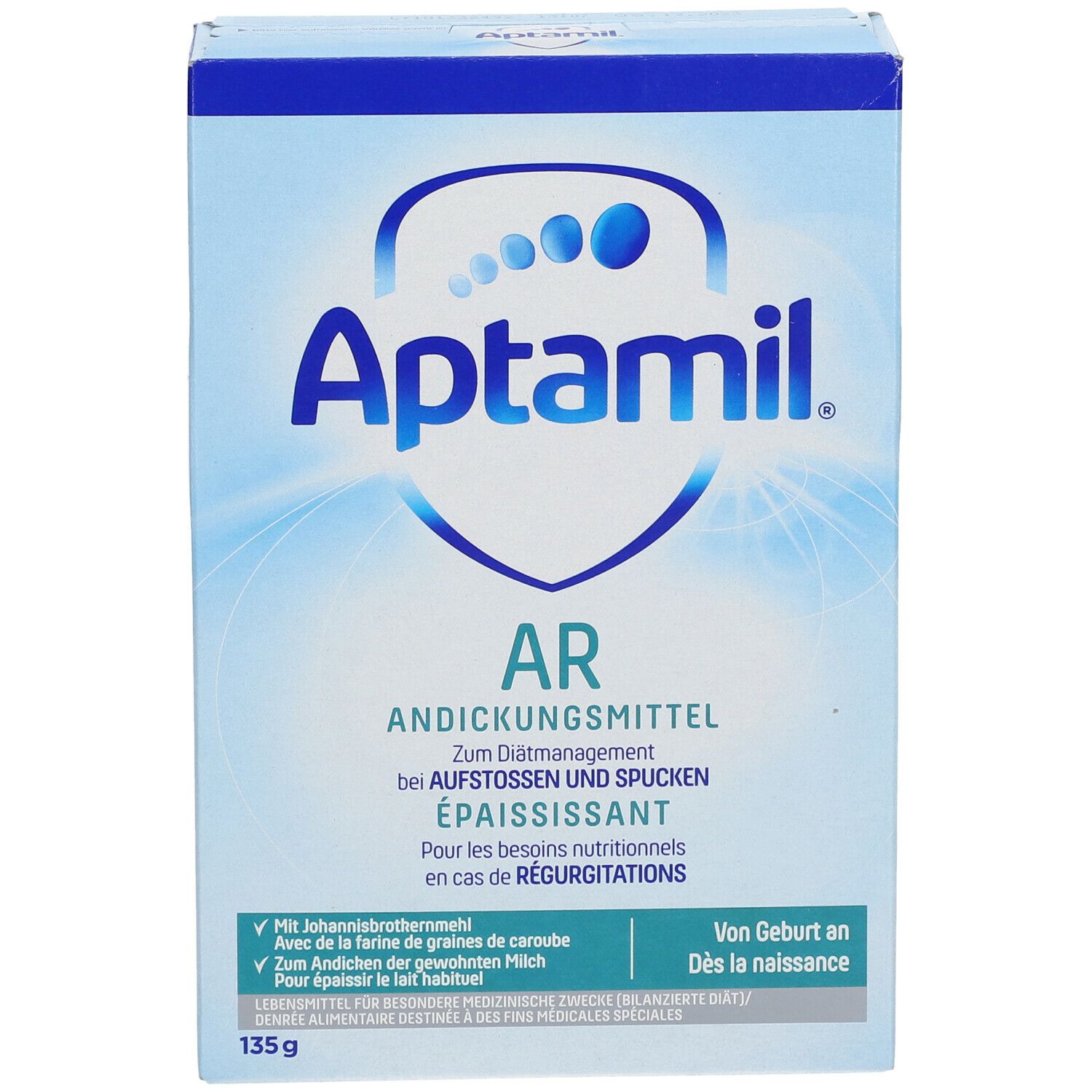 Boîte Aptamil AR Épaississant. Emballage bleu avec nom et texte du produit. 135g. Dès la naissance.