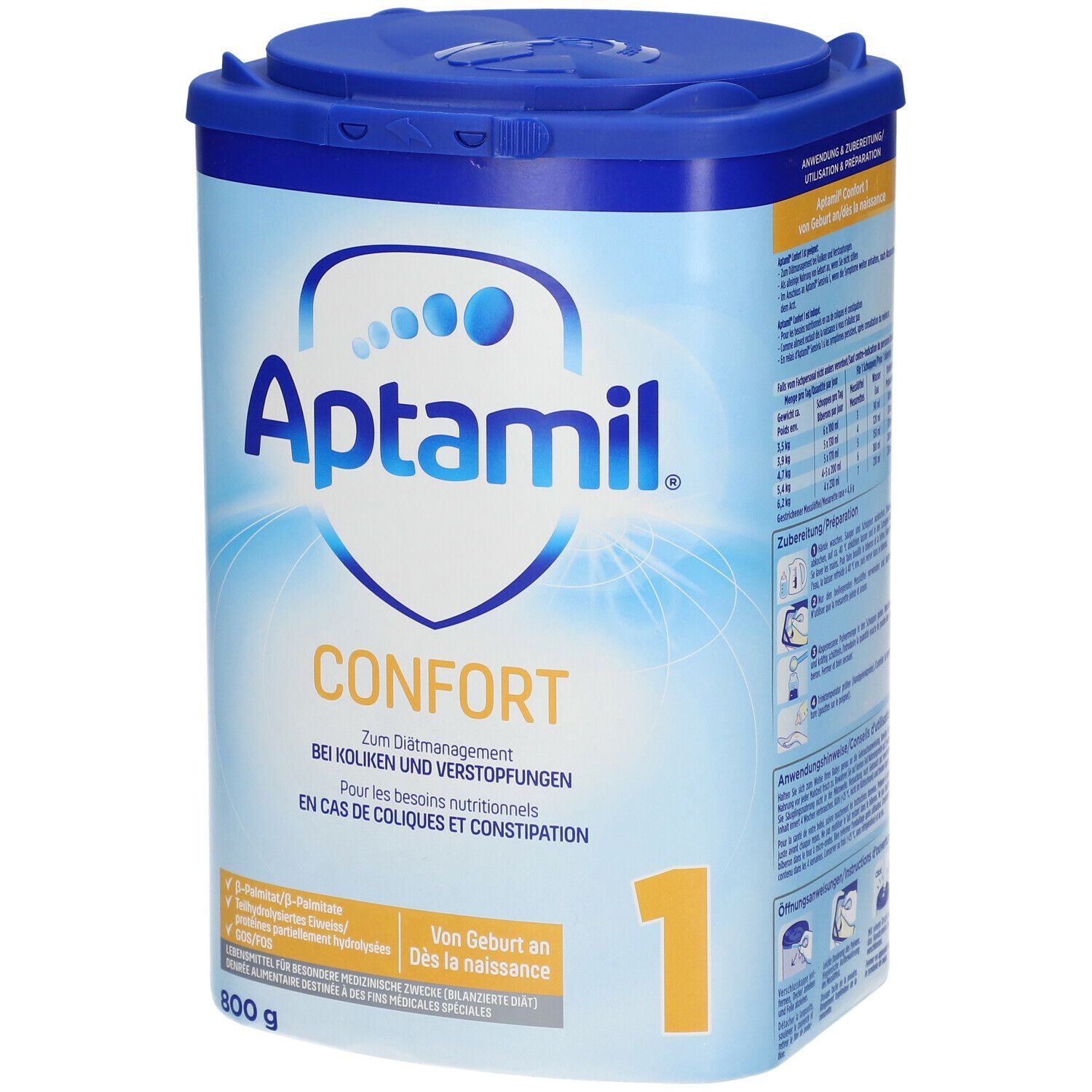 Aptamil Confort 1-Dose. Blaue Dose mit Deckel. Aufschrift: Confort, 1, 800g. Für Koliken und Verstopfung.