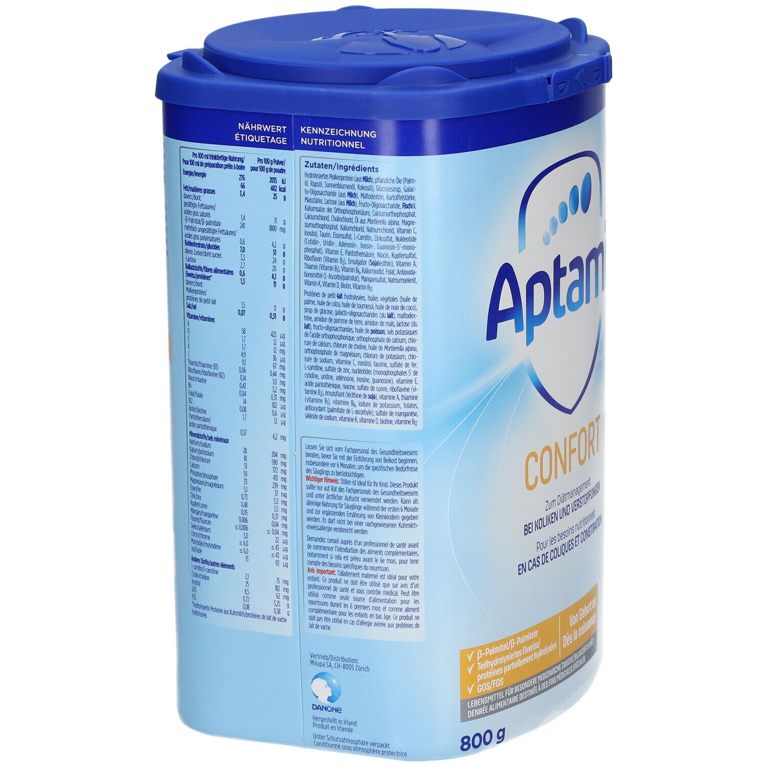 Aptamil Confort 1-Dose, blaue Dose mit Deckel. Nährwertangaben und Zutatenliste auf der Seite. 800g.