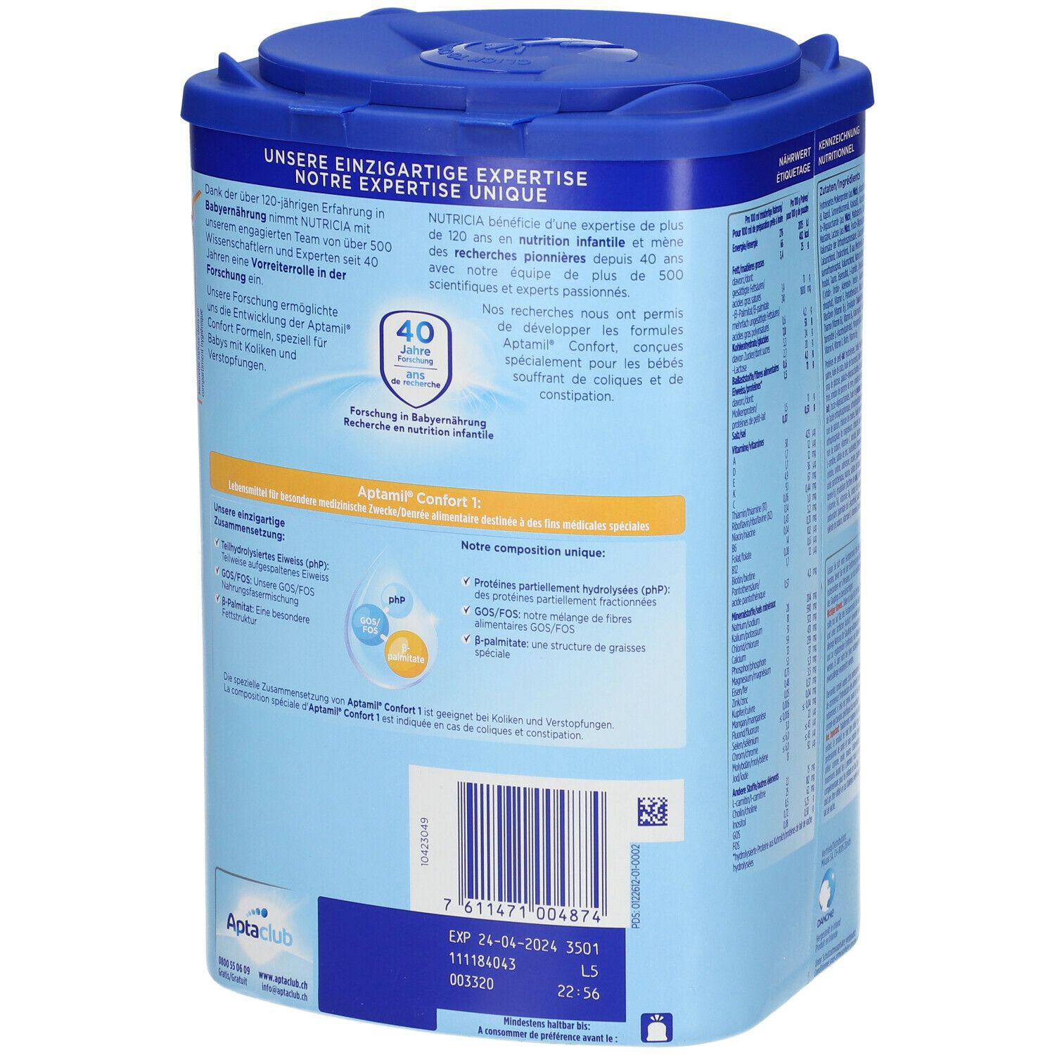 Rückseite der Aptamil Confort 1-Dose. Informationen zur Forschung und Inhaltsstoffe. Barcode und Haltbarkeitsdatum.