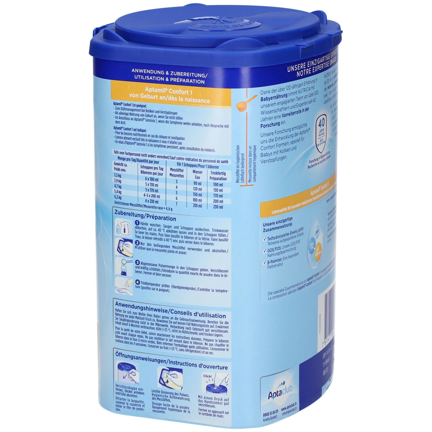 Seite der Aptamil Confort 1-Dose. Informationen zur Anwendung und Zubereitung. Öffnungsanweisungen.