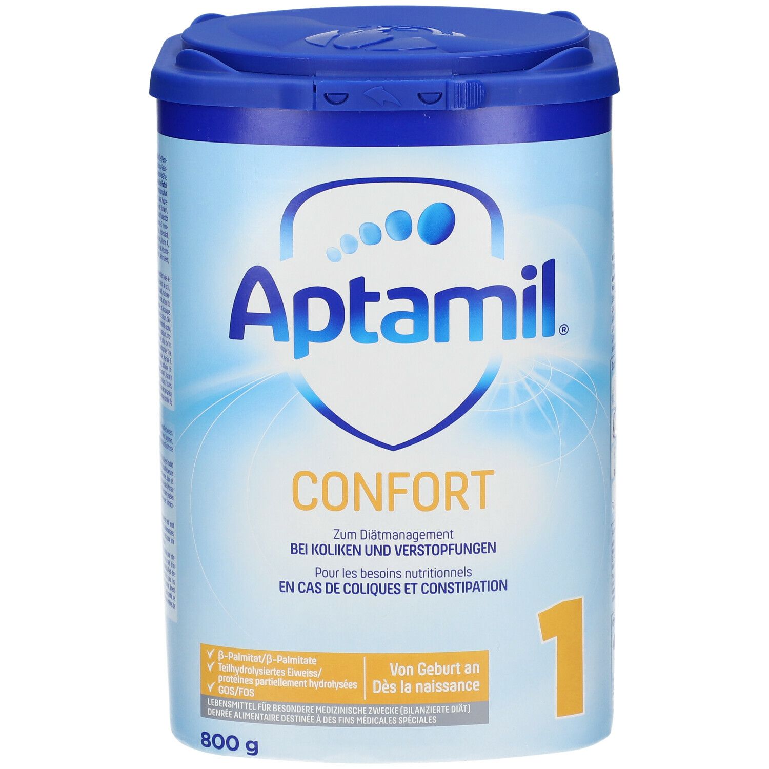 Aptamil Confort 1-Dose. Blaue Dose mit Deckel. Aufschrift: Confort, 1, 800g. Für Koliken und Verstopfung.