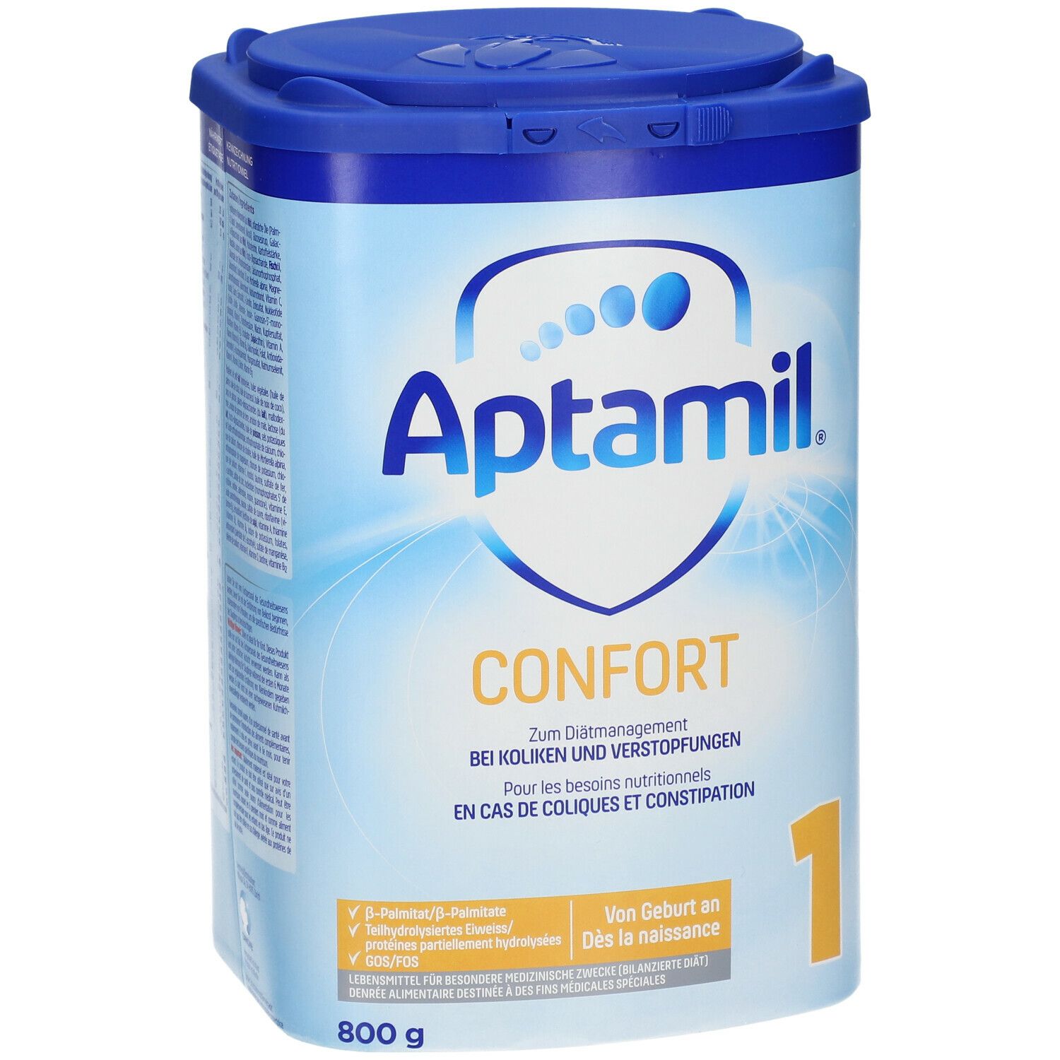 Aptamil Confort 1-Dose. Blaue Dose mit Deckel. Aufschrift: Confort, 1, 800g. Für Koliken und Verstopfung.