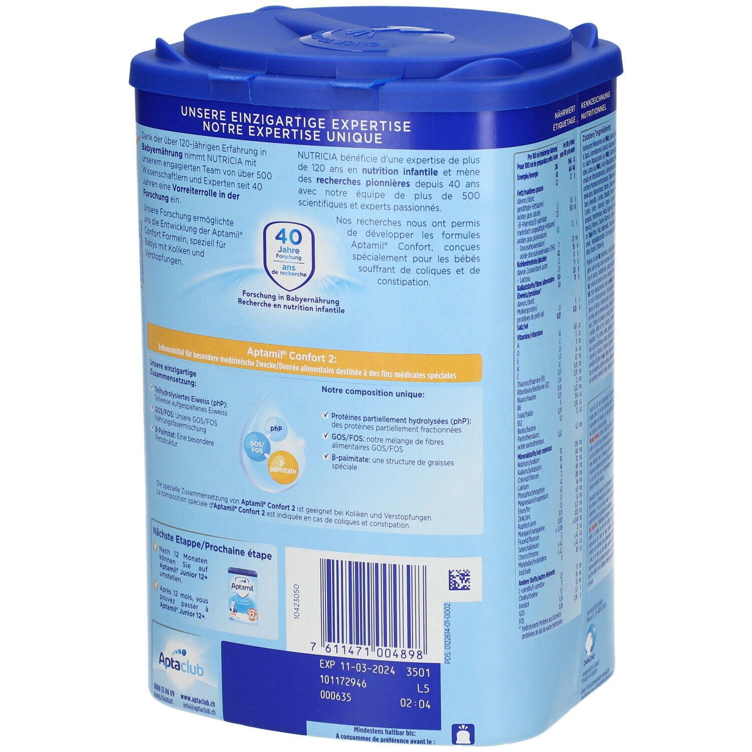 Aptamil Confort 2-Dose, Rückseite. Informationen zur Forschung und Entwicklung. Blau-weiße Dose mit blauem Deckel. 800g. AptaClub-Logo.