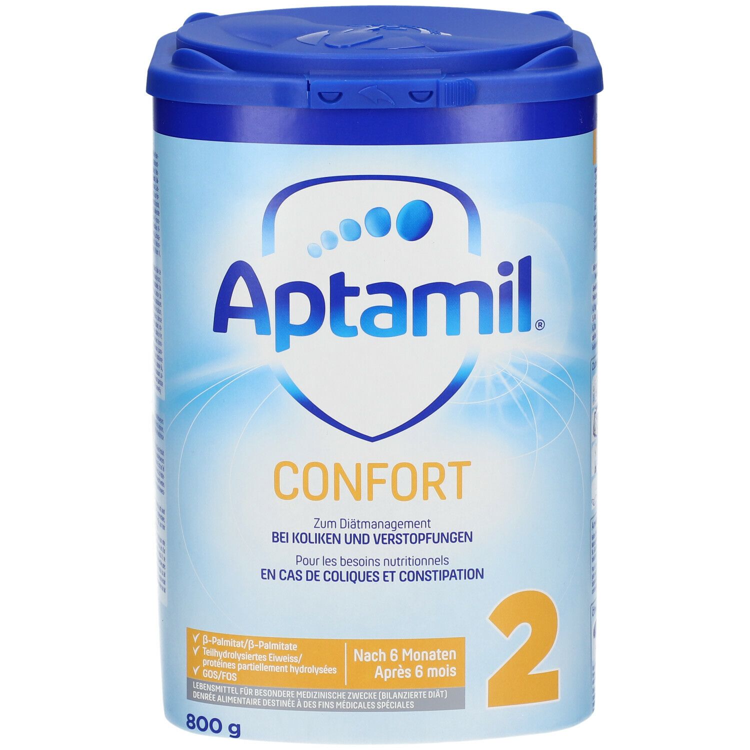 Aptamil Confort 2-Dose. Blau-weiße Dose mit Deckel. Aufschrift: Aptamil, Confort, 2. Für Koliken und Verstopfungen. 800g.